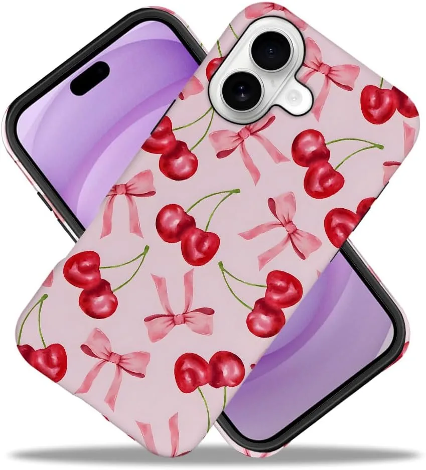 Case Compatible with iPhone 17,Fall Prevention Hybrid 2-Layer Hard Shell Phone Cover for Girls Boys,Pink Bow Cherry Ribbon Fruit
