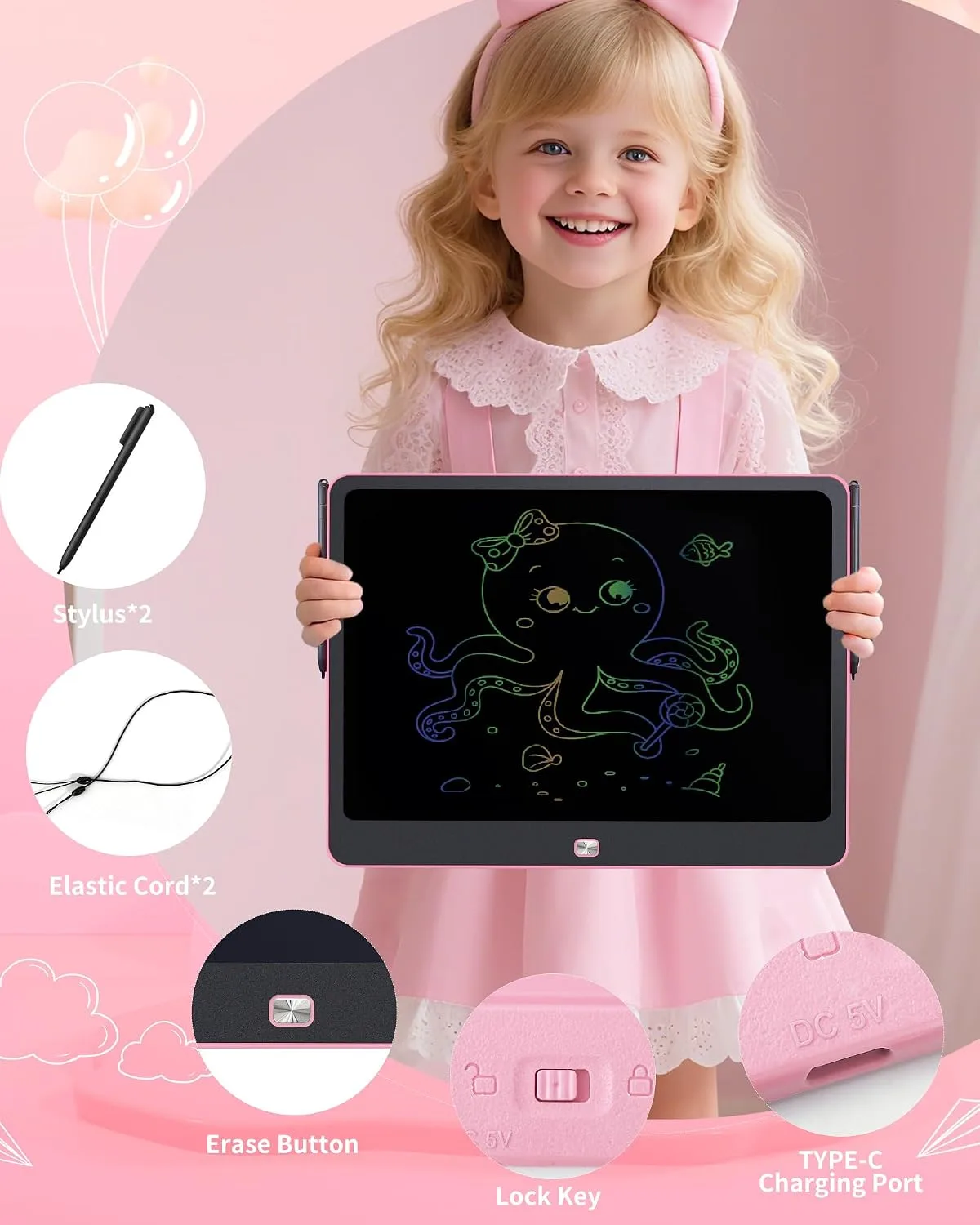 Rechargeable LCD Writing Tablet for Kids, 16 Inch Colorful Drawing Tablet, Educational Toddler Drawing Pad, ​Reusable Learning Toys for Kids (Ages 3-12), Ideal Gift for Christmas Birthday (Pink)