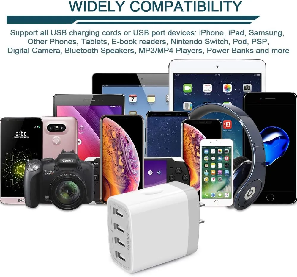 USB Charger Cube, Wall Charger Plug, AILKIN 4.8A 4-Muti Port USB Adapter
