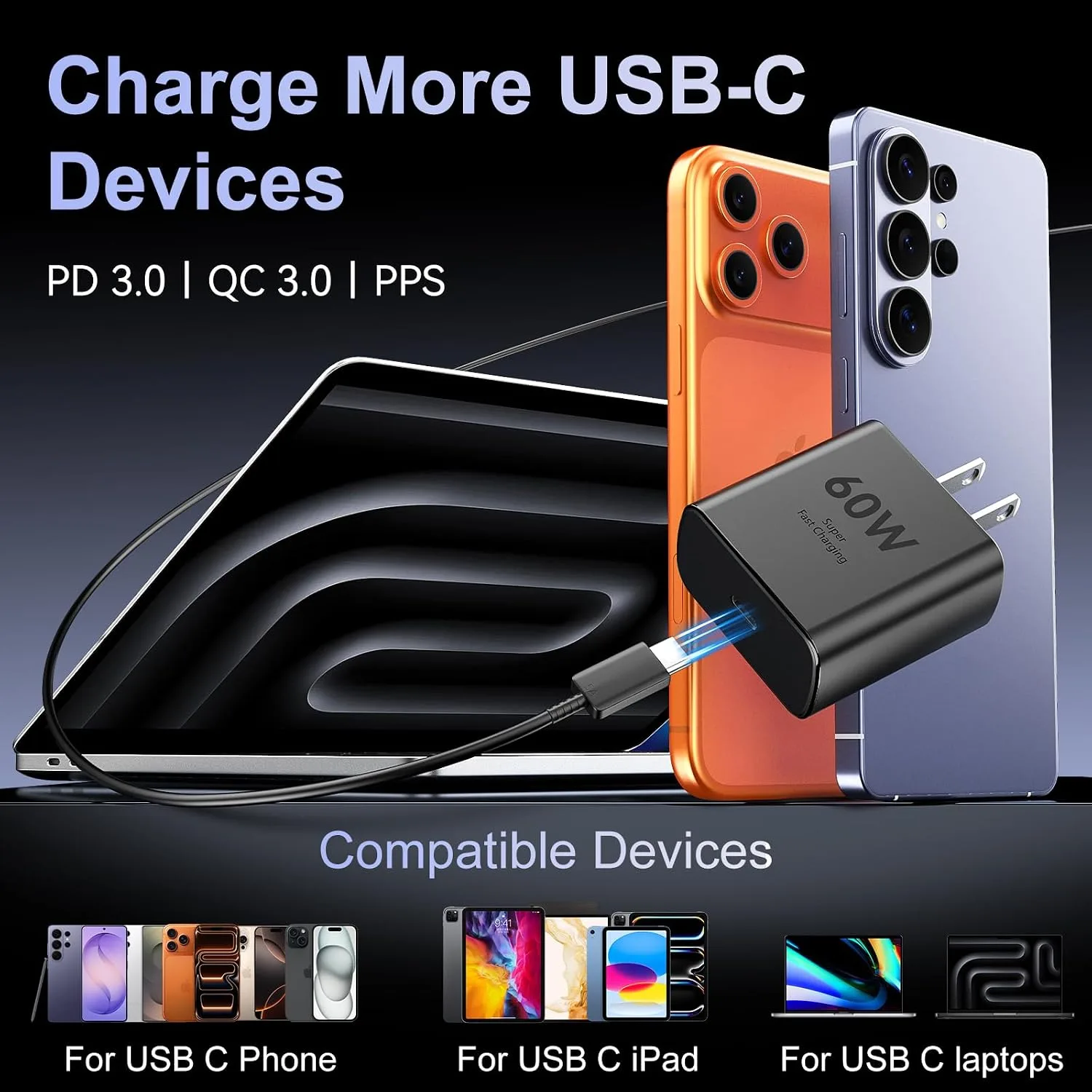 Super Fast Charger USB C,60W Samsung Fast Charger Type C Andorid Charger