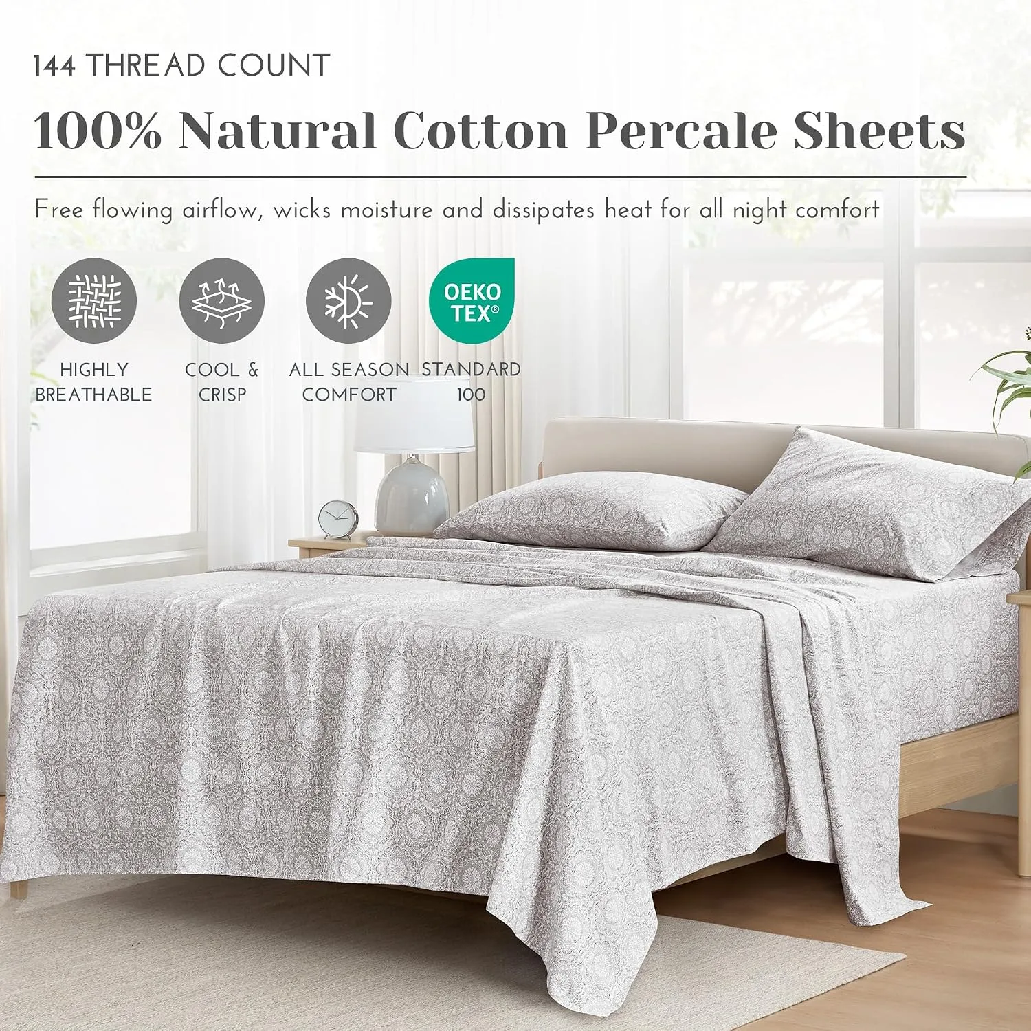 Comfort Spaces 100% Cotton Percale Sheets Queen Size 4 Pcs, Adelia Gray