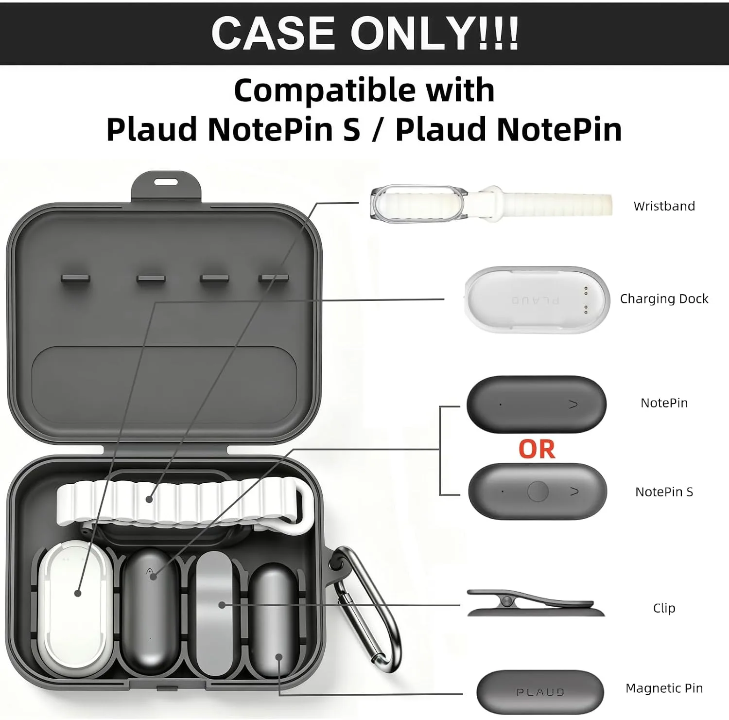 YouKnow Hard Case Compatible with PLAUD NotePin/NotePin S AI Voice Recorder - with Custom Slot Insert Holds Recorder, Magnetic Pin, Clip, Dock, Wristband & Cable (Case Only) (Grey)