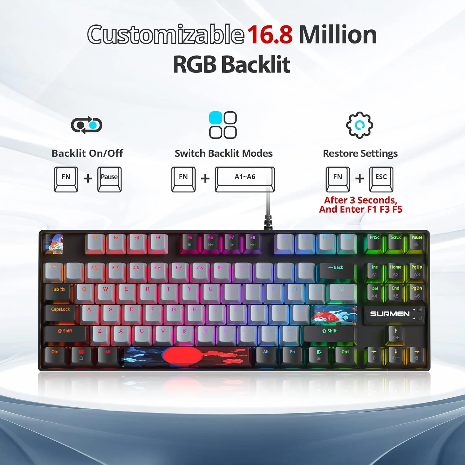 Owpkeenthy 75% Mechanical Gaming Keyboard with Red Switch, RGB Backlit Keyboard, 87 Keys Compact TKL Wired Computer Keyboards for Laptop PC Gamer Xbox PS (Grey/ 87 Red Switch)