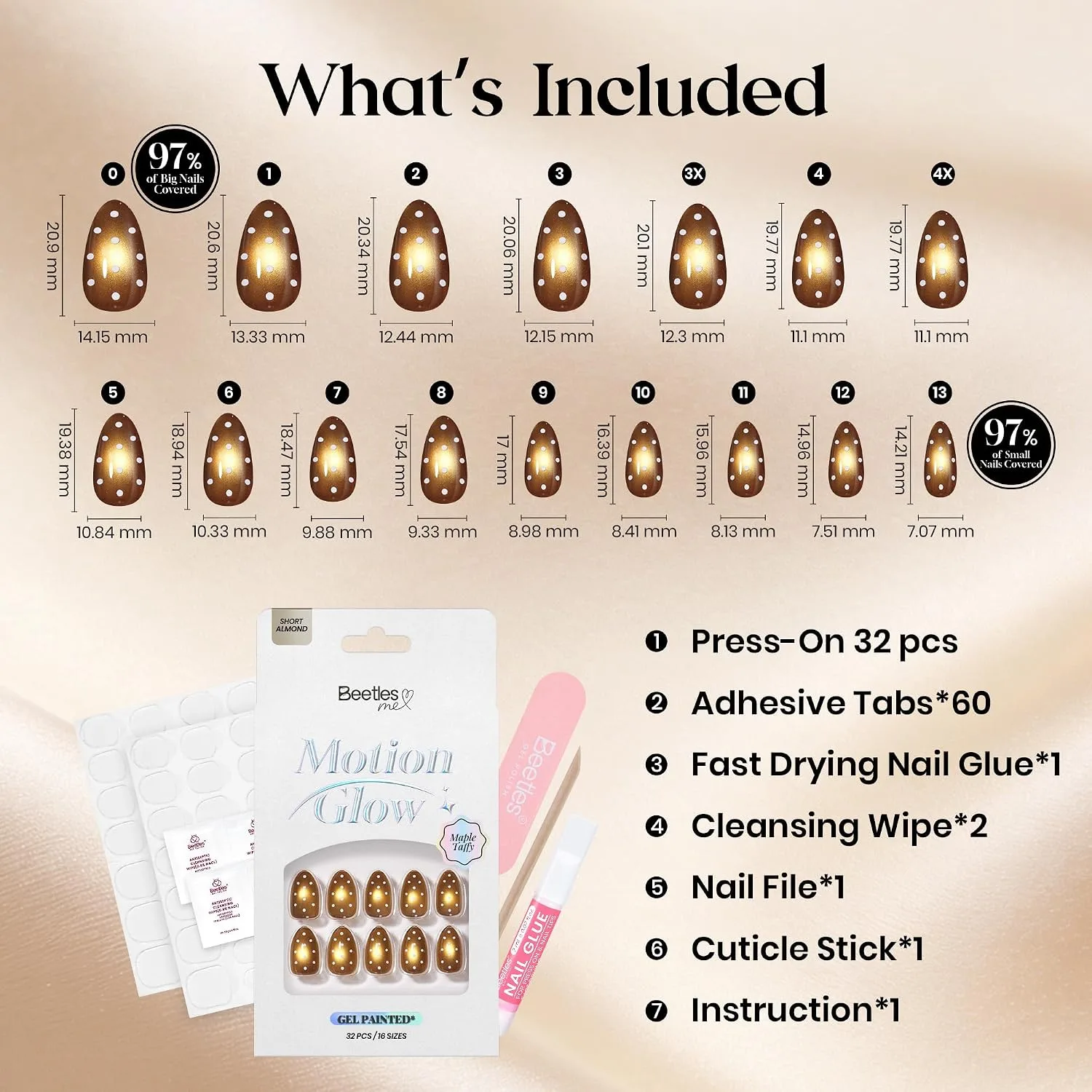 Beetles Halloween Brown Press On Nails Short Almond, 32PCS Polka Dot Design