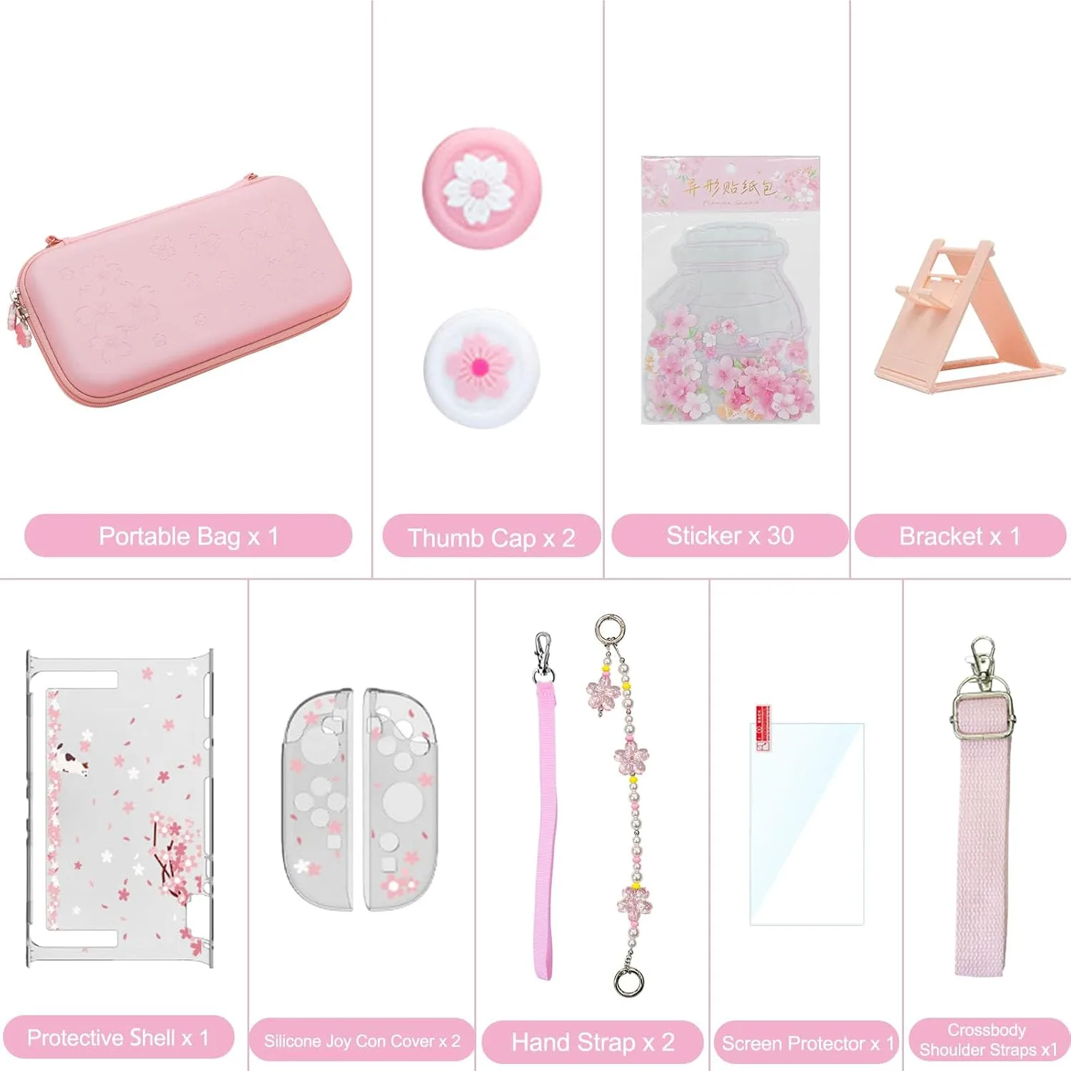 VirgoCCY Pink Carrying Case Set for Switch 2 2025, with Silicone j-con Covers, Thumb Grip Caps, Screen Protector, Sakura Hand Strap and stickers for Girls Women