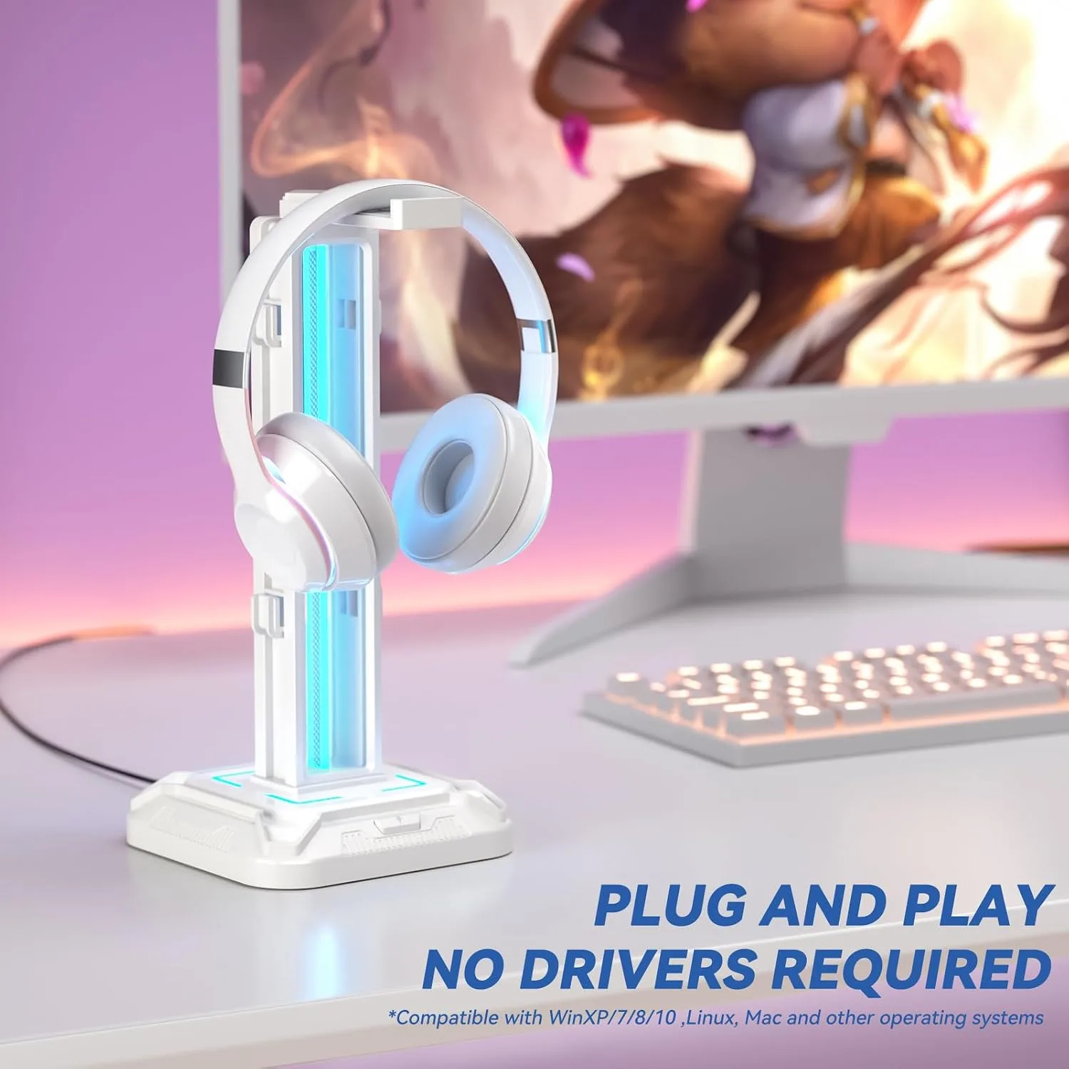 KDD RGB Headset Stand with 9 Light Modes - Controller Holder for Desk - Rotatable Headphone Stand & Detachable Controller Hook for PC Earphone Accessories(White)