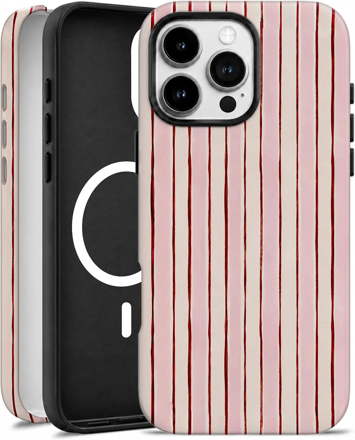 Magnetic for iPhone 16 Pro Phone Case, Cute Pink & White Striped