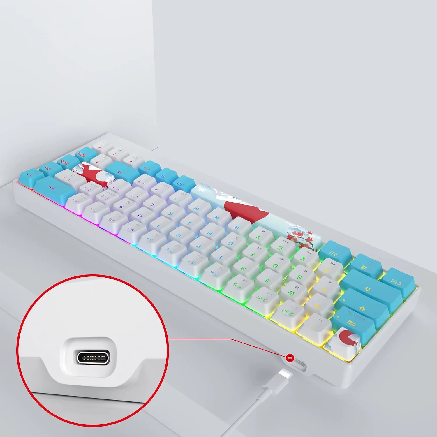Owpkeenthy Wired 65% Mechanical Gaming Keyboard with Blue Switch 60% Ultra Compact RGB Gaming Keyboard Backlit Keys N-Key Rollover for PC PS5 Xbox(Blue/ 68 Blue Switch)