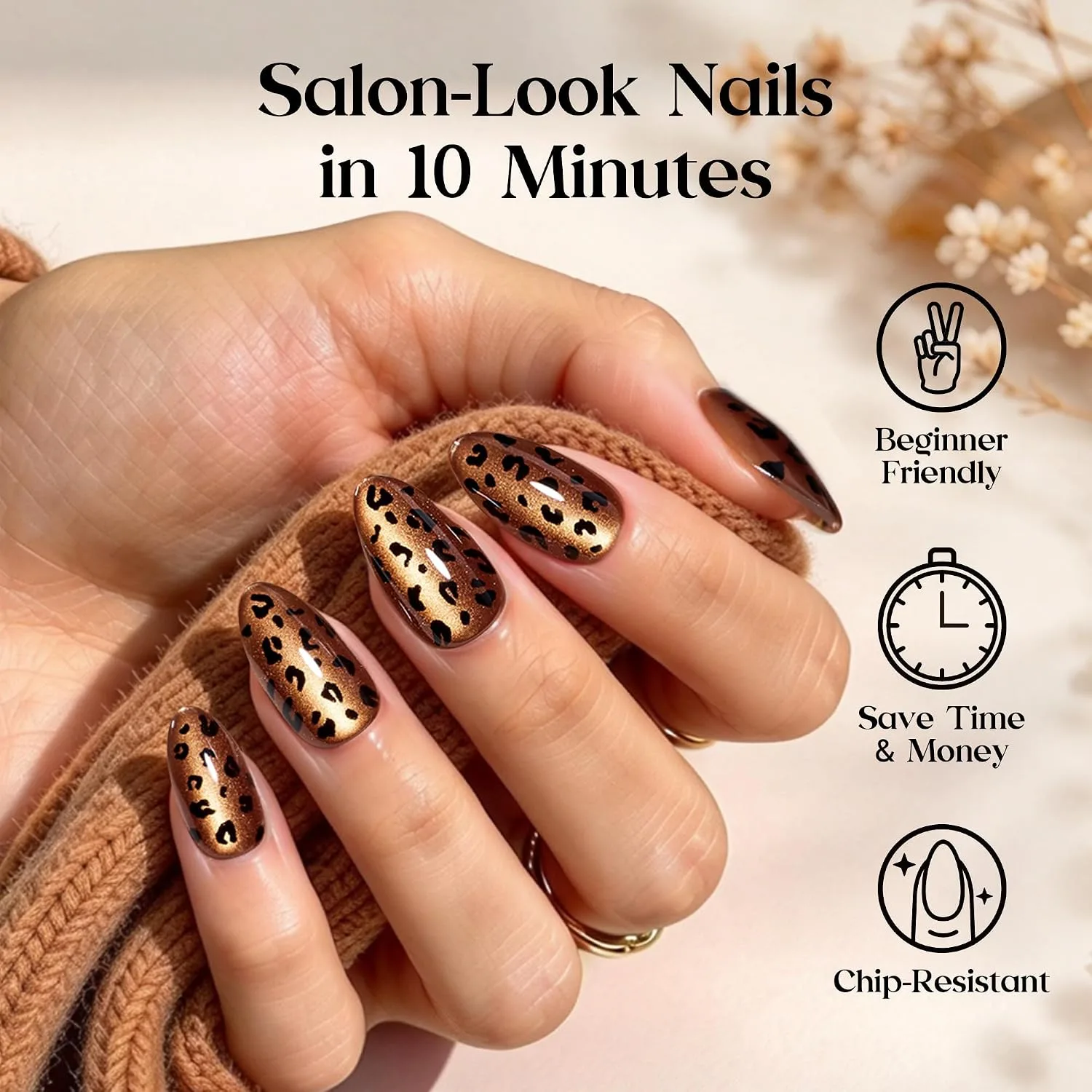 Beetles Leopard Cat Eye Press On Nails, Short Almond, 32 Count