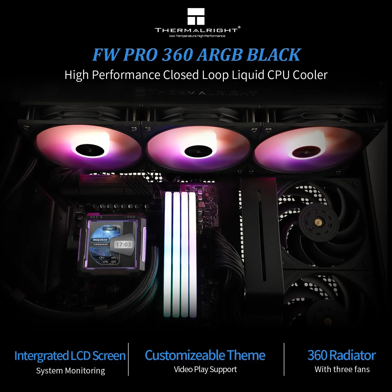 Thermalright FW PRO 360 ARGB Black CPU AIO Cooler,IPS LCD Screen with 320 * 320 Resolution,for AM5&Intel 1700/1851,High-Performance 360 Specs Water-Cooled with 2.73in Removable Display