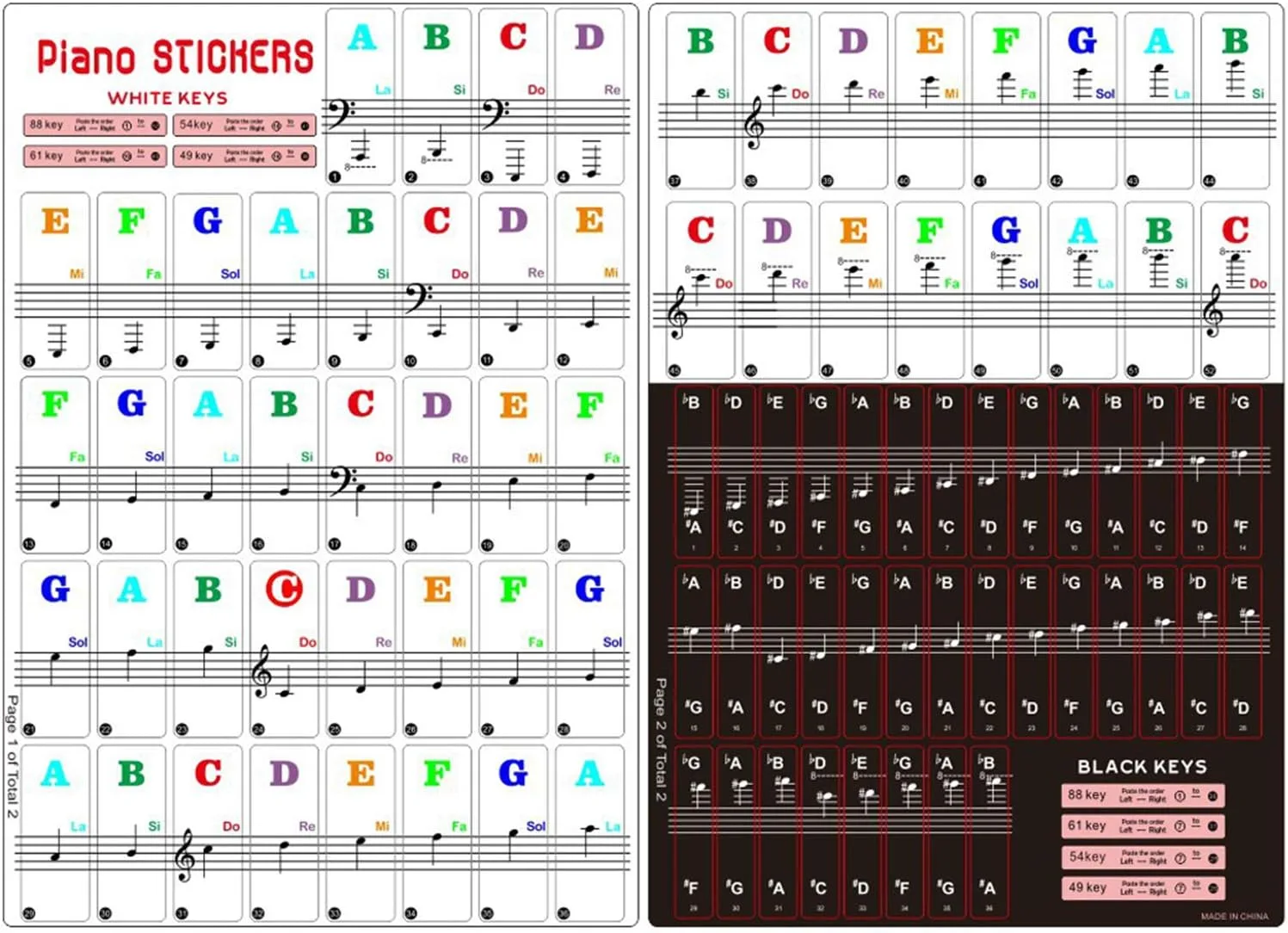 Piano Keyboard Stickers for 88/61/54/49/37 Key, Bold Large Letter Piano Stickers for Learning, Removable Piano Keyboard Letters, Notes Label for Beginners and Kids, Multicolor