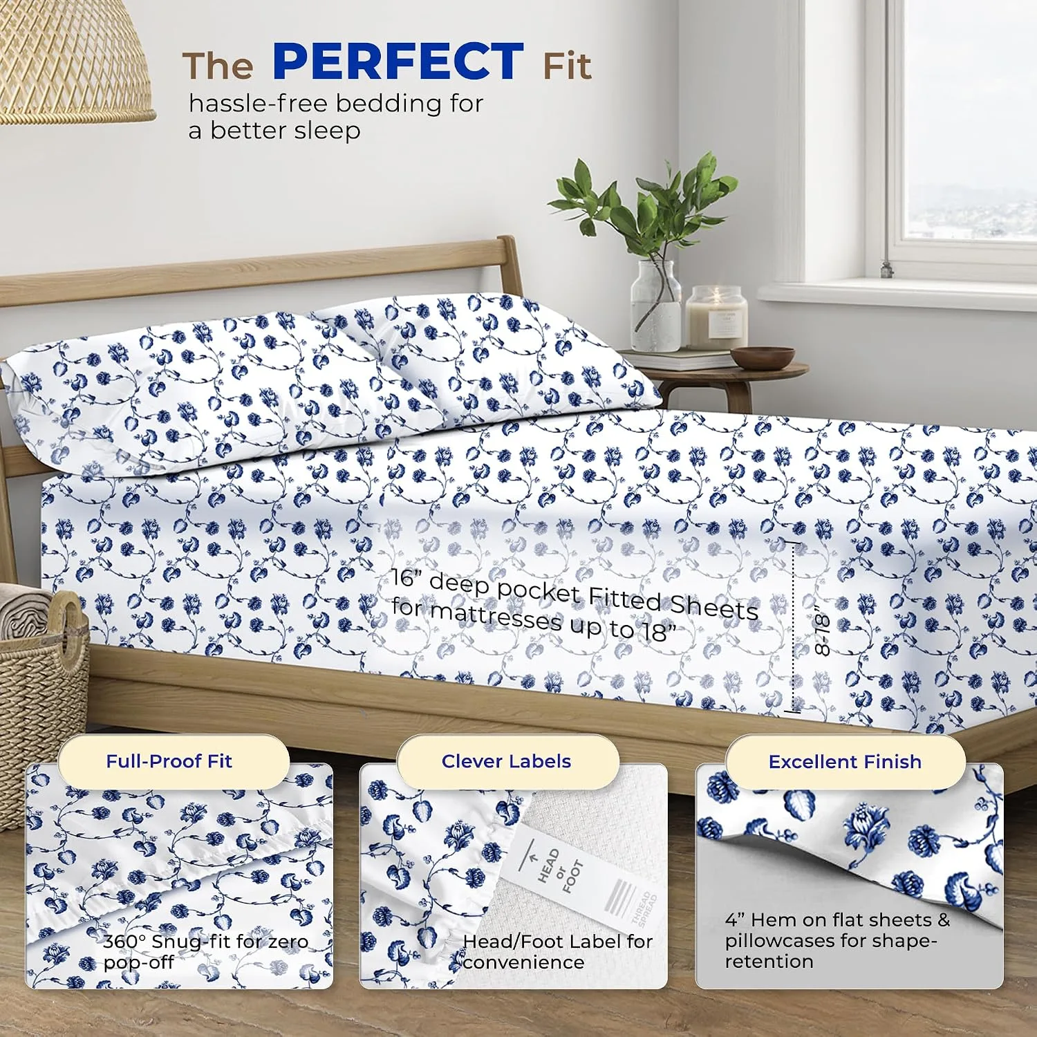 THREAD SPREAD Egyptian Cotton Queen Sheet Set - Luxury 600 Series Sheets Queen Size Bed Set (4 PC, Floral Blue), 16" Deep Pocket All Around Elastic, Soft, Sateen Weave, Durable Hotel Bed Sheet Sets