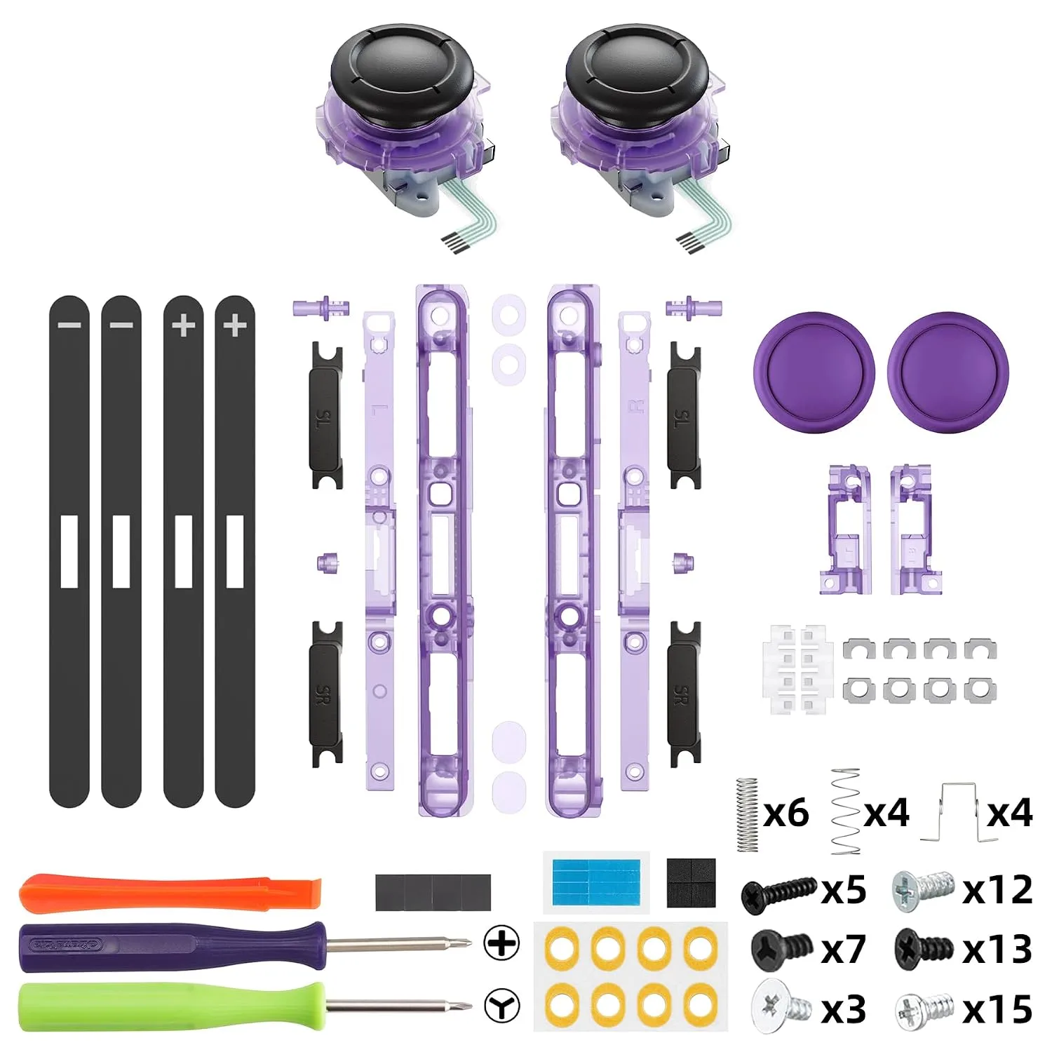 eXtremeRate Replacement 3D Joystick & Thumb Grips & Side Rail Shell Buttons for Nintendo Switch 2 JoyCon, Console Rail Stickers Left Right Analog Thumbsticks Caps for Switch 2 - Clear Atomic Purple