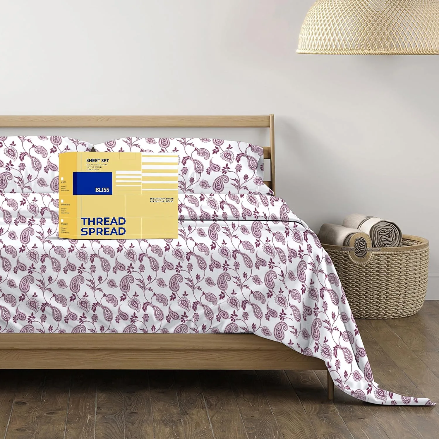 THREAD SPREAD Egyptian Cotton Sheets King Size - Luxury 600 Series King Size Sheets Set (4 PC, Paisley), 16" Deep Pocket All Around Elastic, Soft, Cooling, Sateen Weave, Durable Hotel Bed Sheet Sets