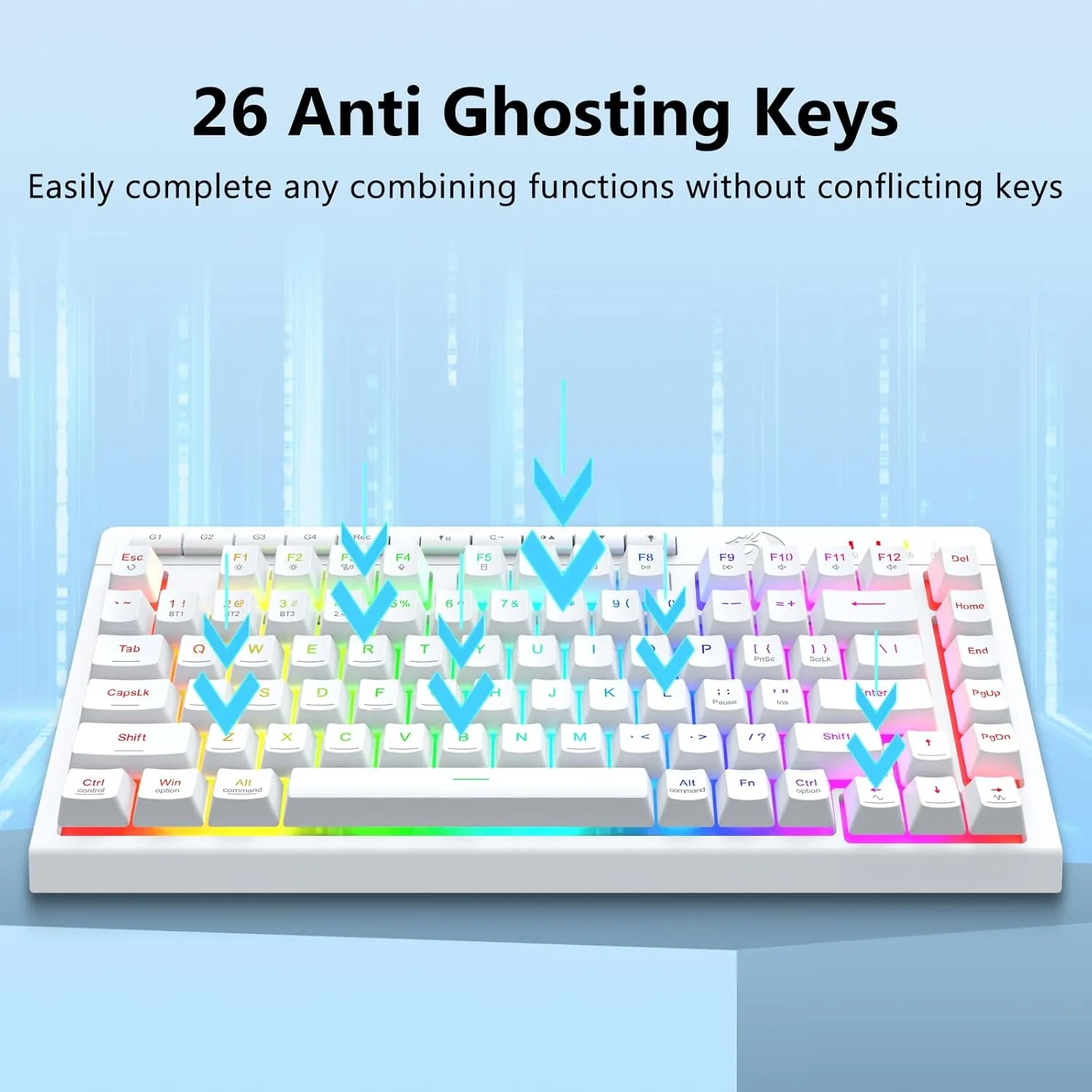 Redragon Wireless Gaming Keyboard, Portable 75% Compact,RGB Backlit, White