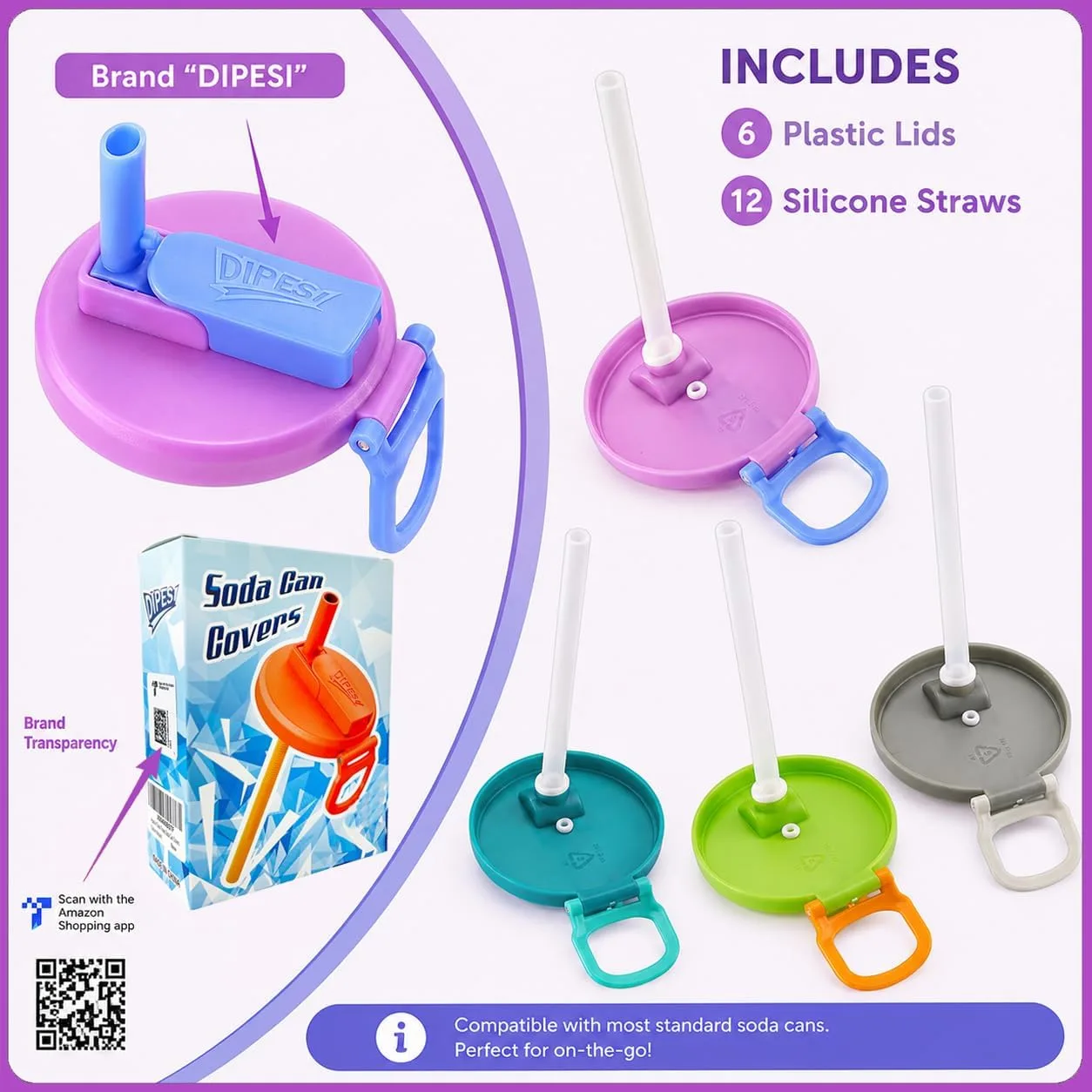 ORIGINAL CREATOR - DIPESI 6 pack 6 color Soda Can Lids with Straws, Reusable Silicone Straws Soda ​Can Covers, BPA-Free,Airtight Seal, Easy to Use, Prevents Spills, Fits Standard Cans.