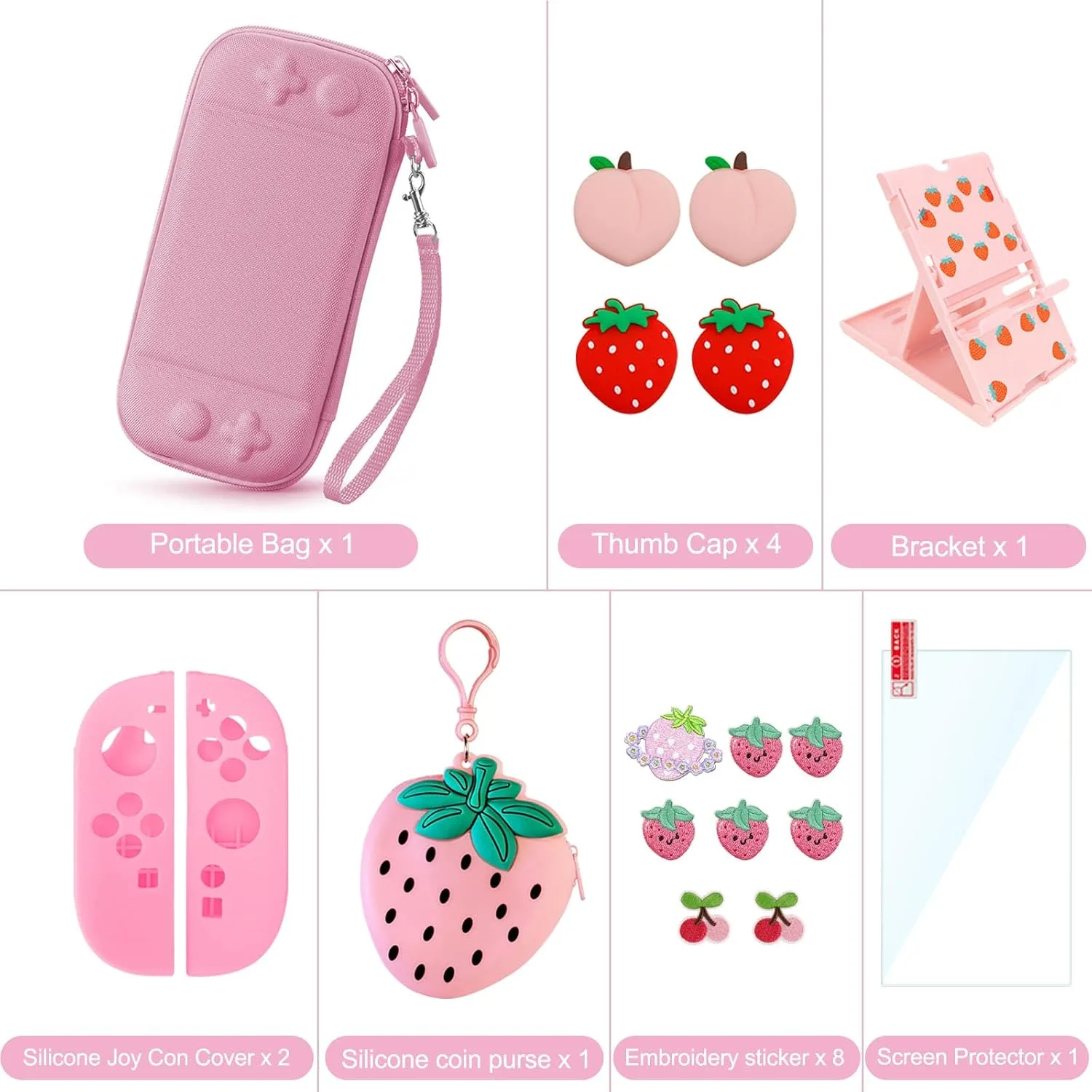 Strawberry Travel Carrying Case for Switch 2 2025 with Pink Silicone j-con Covers, Kawaii Thumb Grip Caps, Screen Protector, Embroidery stickers for Girls Women, Strawberry