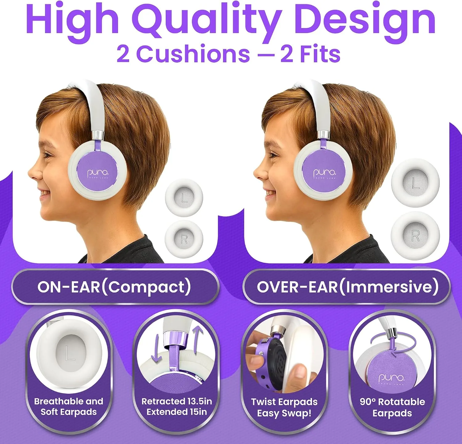 Puro Sound Labs - Kids Headphones, Volume-Limiting 85dB, BT2200 Plus,Purple