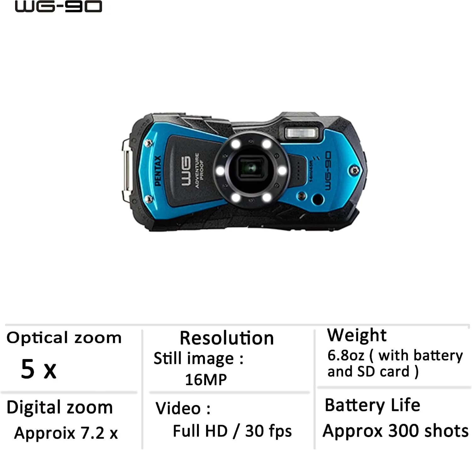 PENTAX WG-90 Blue Waterproof Camera, Shockproof, Dustproof, Freezeproof, Built-in 6-LED Ring Light for Macro Photography, Underwater Shooting Mode