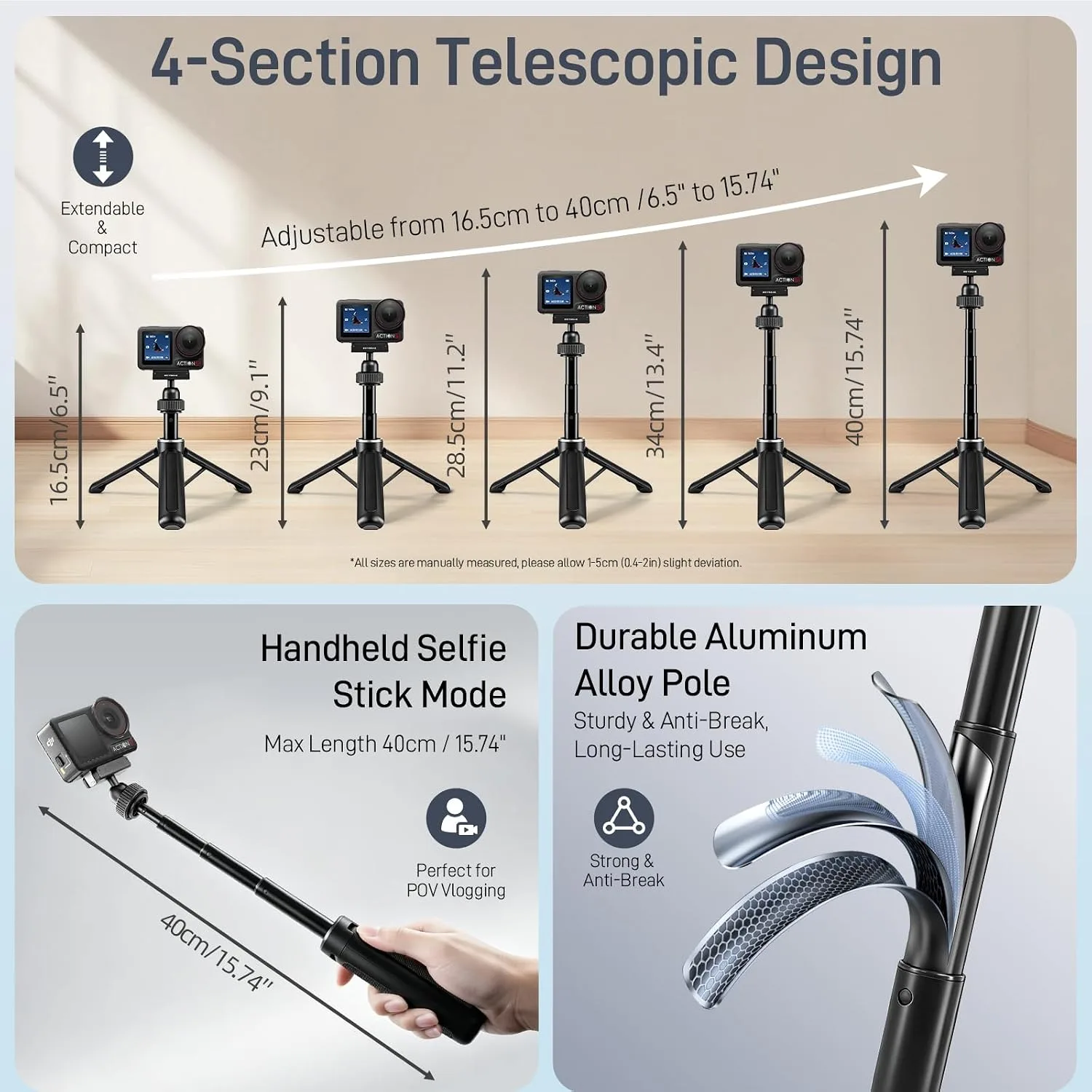 REYGEAK 15" Camera Tripod 360° Ball Head for DJI Osmo 360 Action 5 pro/4/3