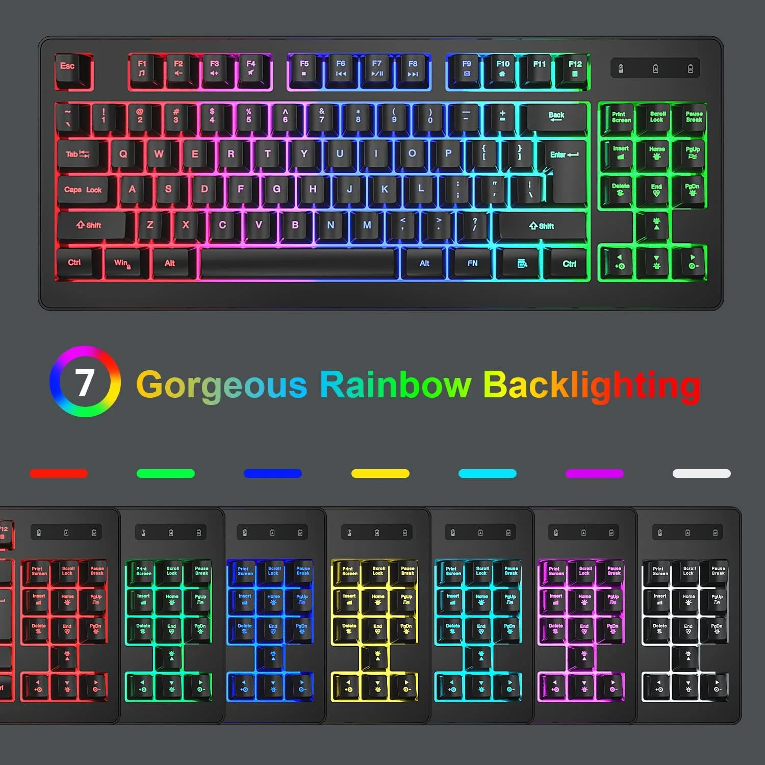 BlueFinger Wireless Keyboard and Mouse Combo, Long Lasting Rechargeable Battery 87 Keys RGB Rainbow Backlit Gaming Keyboard & Ergonomic Light Up Gaming Mouse for Mac Laptop Computer PC Gamer