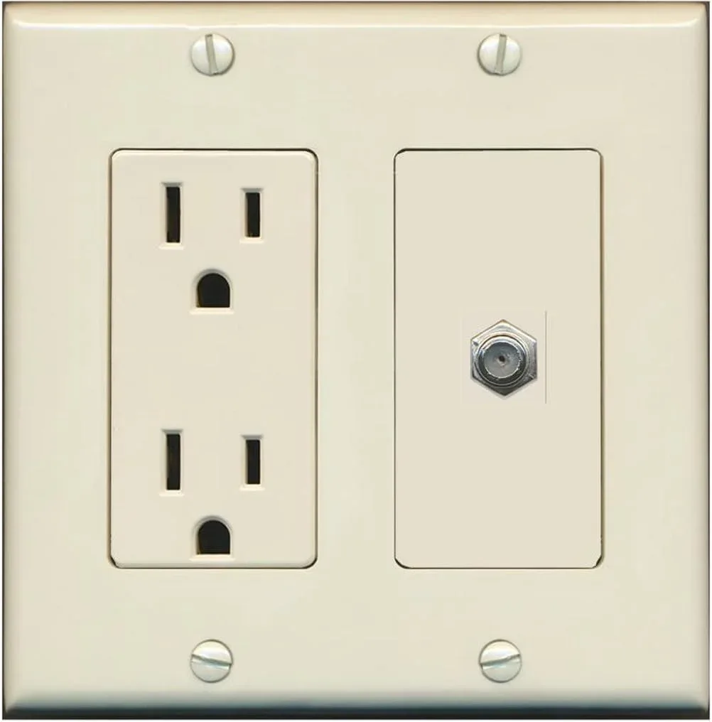 Placa decorativa de pared RiteAV con toma de corriente 15 Amp y puerto coaxial F-Type, color almendra
