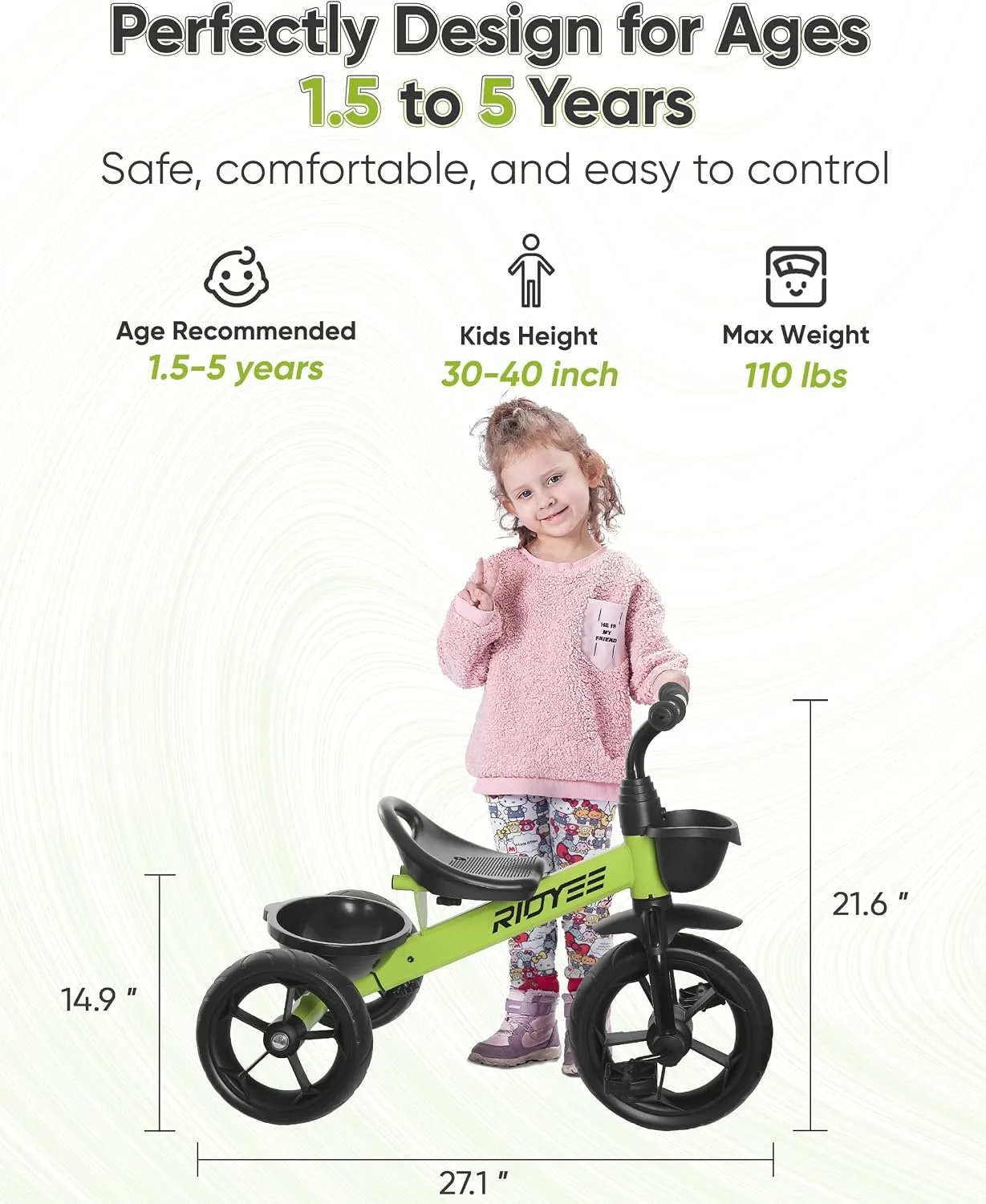 RIDYEE Toddler Tricycle Ages 1.5-5, Tricycle for Ages 2-4 Years
