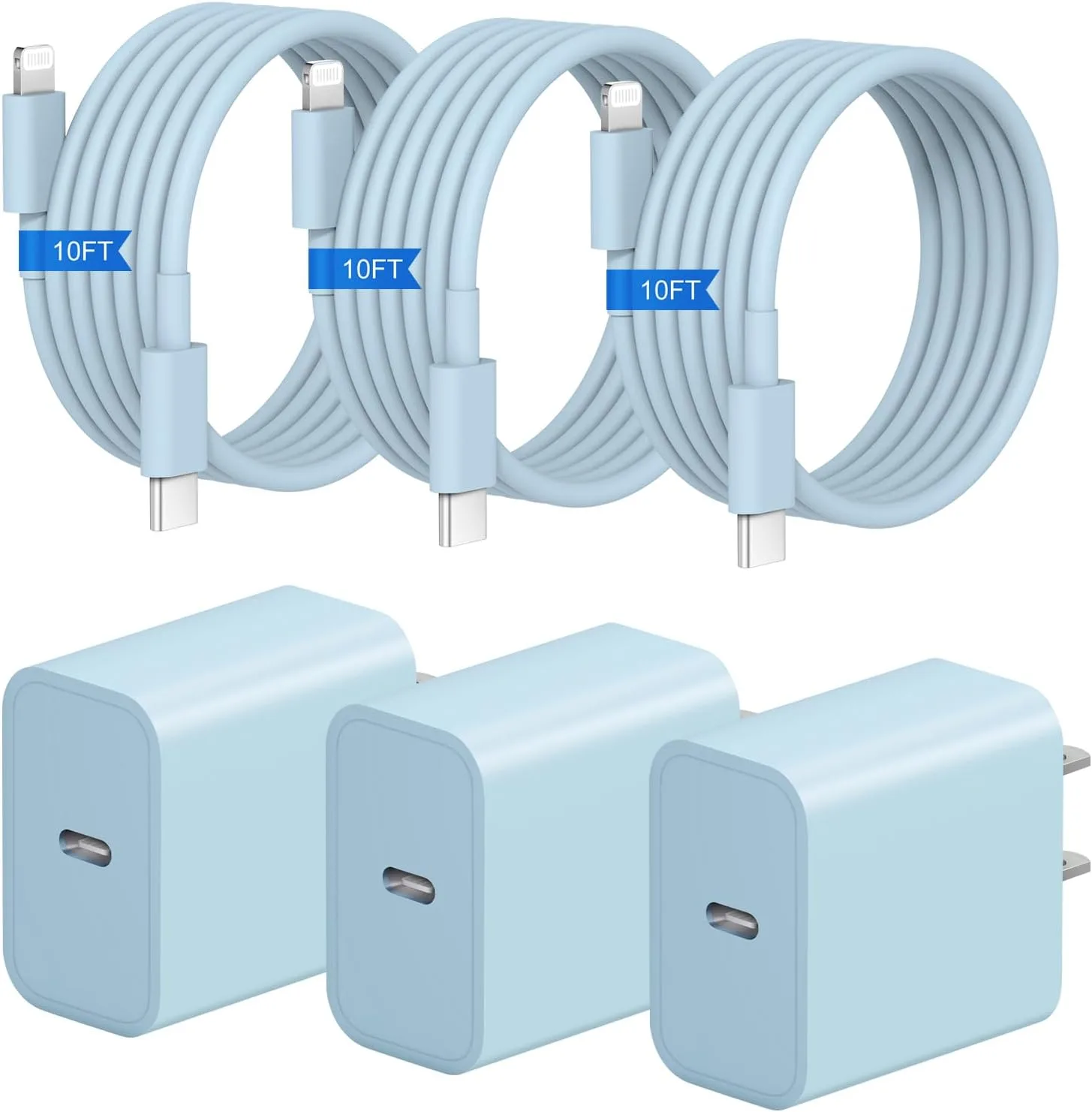 iPhone Fast Charger 3+3Pack 20W USB C Wall Charger with Extra Long 10FT Fast Charging Cable Compatible with iPhone 14/13/12/11/Pro/Pro Max-Blue