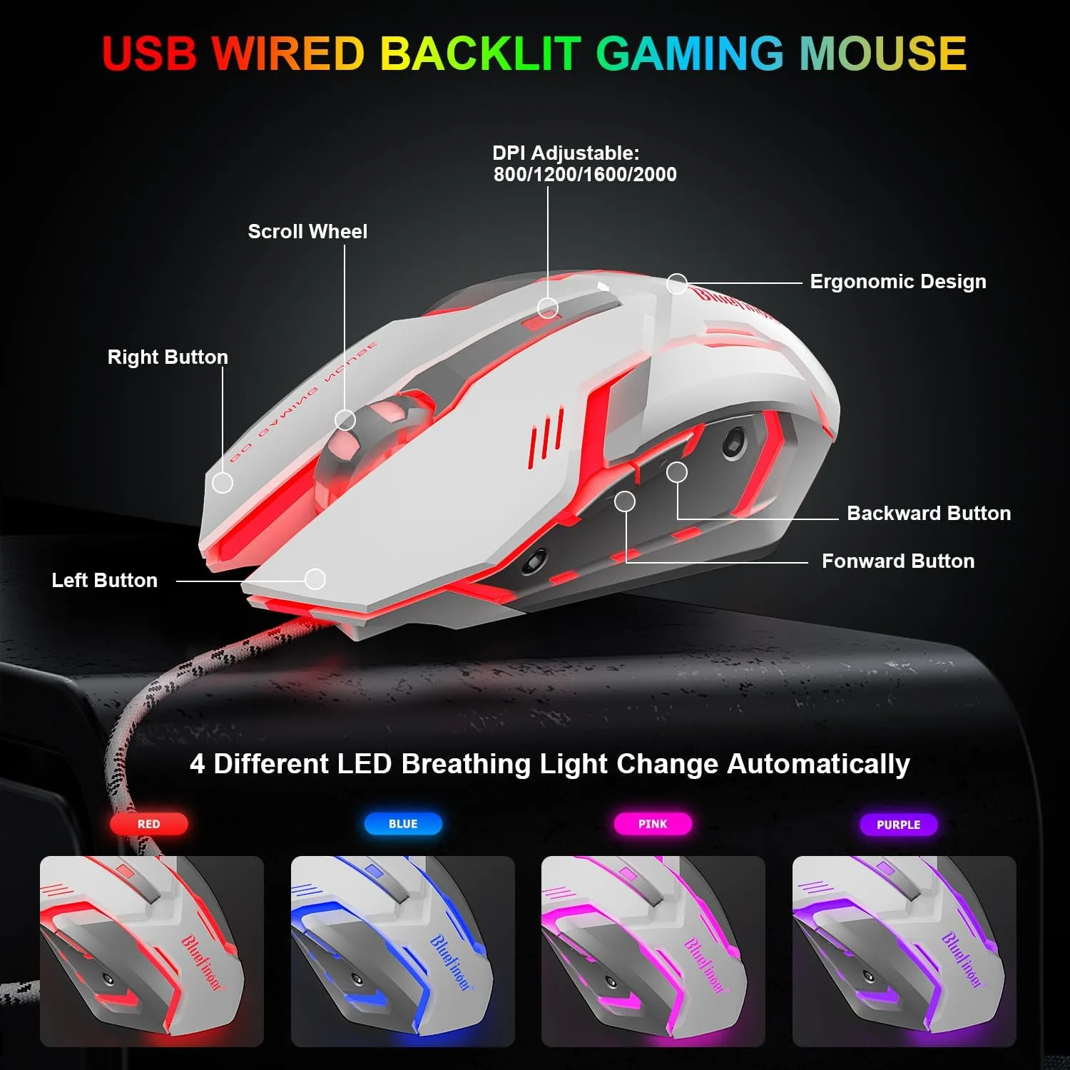 BlueFinger RGB Gaming Keyboard and Backlit Mouse Combo, USB Wired, LED Gaming Set for Laptop PC Computer Game and Work(White)
