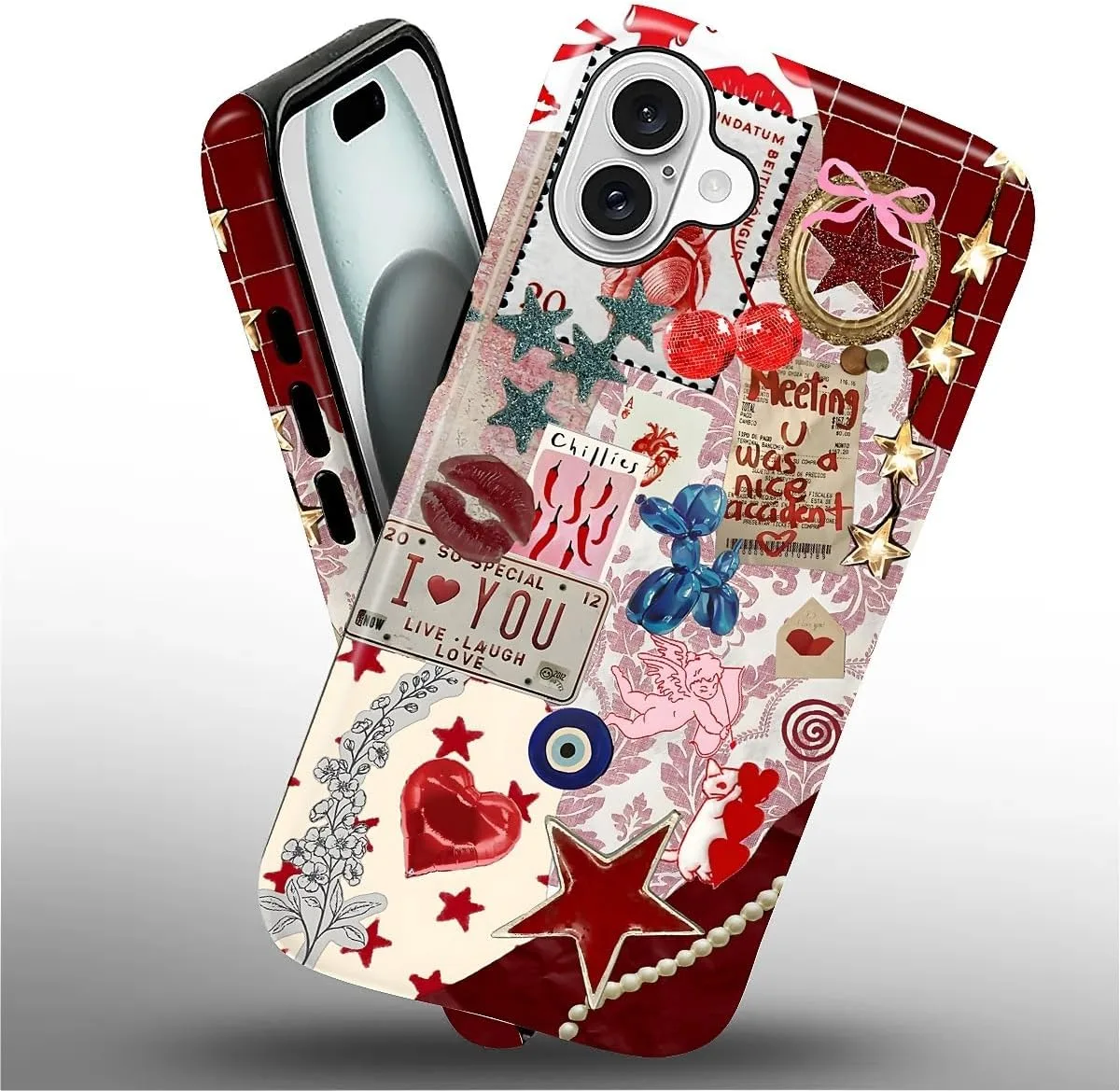 DAIZAG Case for iPhone 16,Mixed 2 Layer Design Shockproof Soft TPU Ddouble Protection Phone Case for iPhone 16-Conch Red Pearl Collage