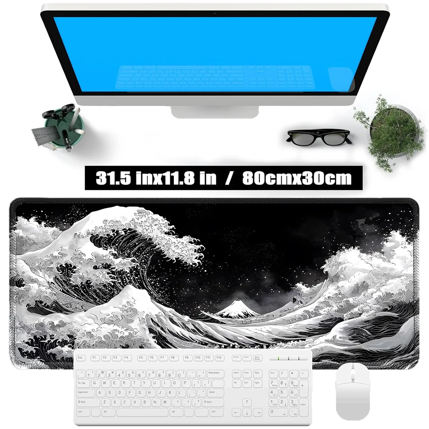 Gudnis Black and White Japanese sea Mouse Pad, Kanagawa Surfing 31.5"x11.8"