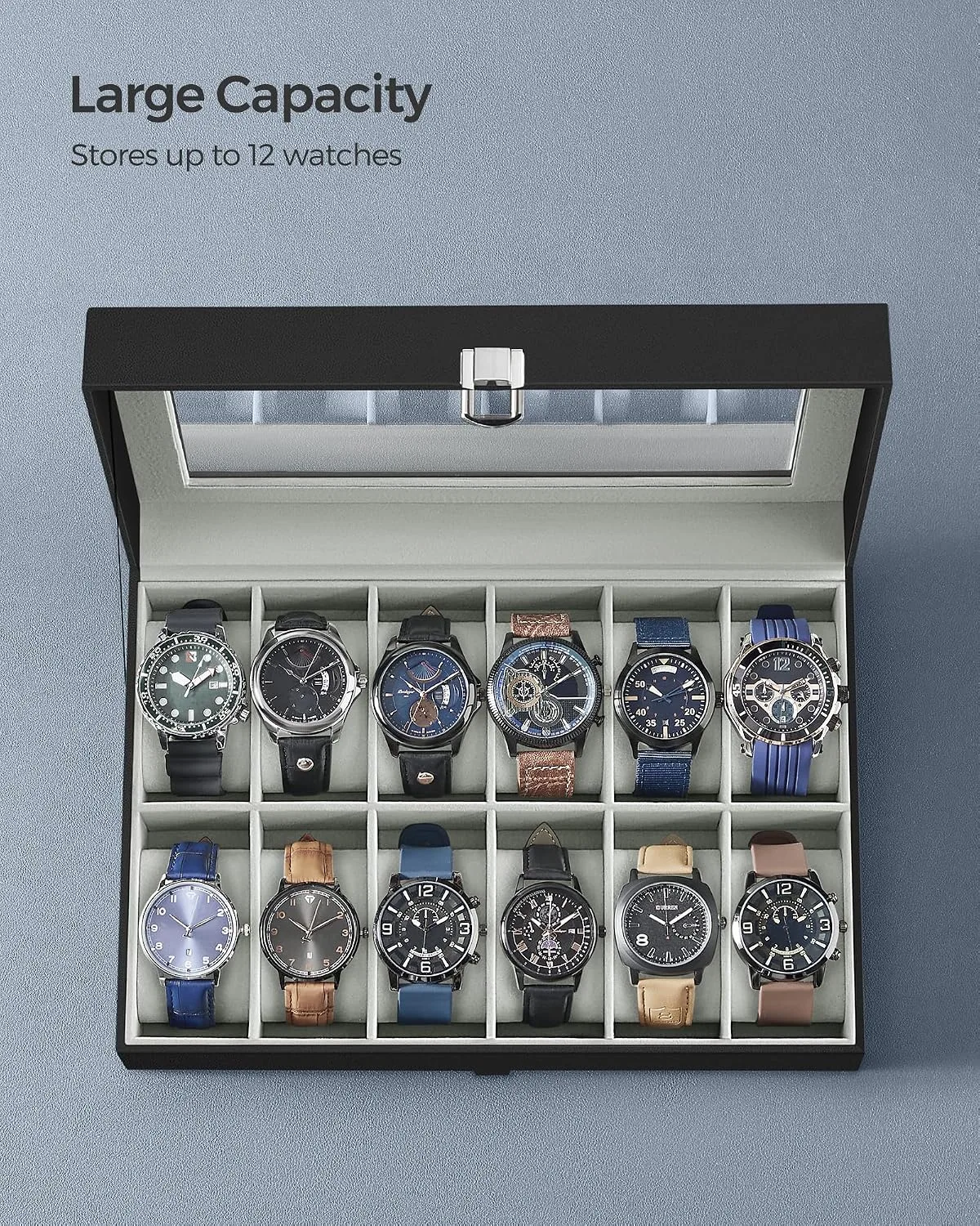 SONGMICS Watch Box, 12-Slot Watch Case Organizer with Large Glass Lid, Removable Pillows, Gift for Loved Ones, Black Synthetic Leather, Gray Lining UJWB12BK