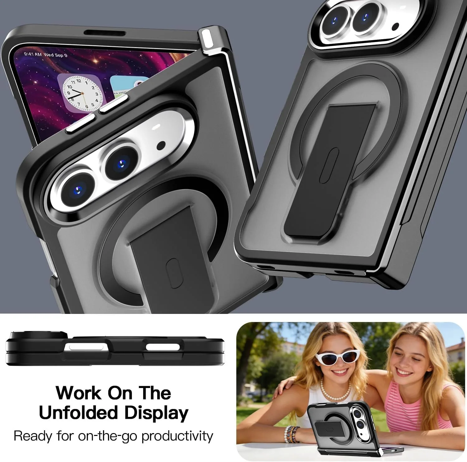 AICase for iPhone Duo Case,Fold Translucent with Hinge+Ring Stand