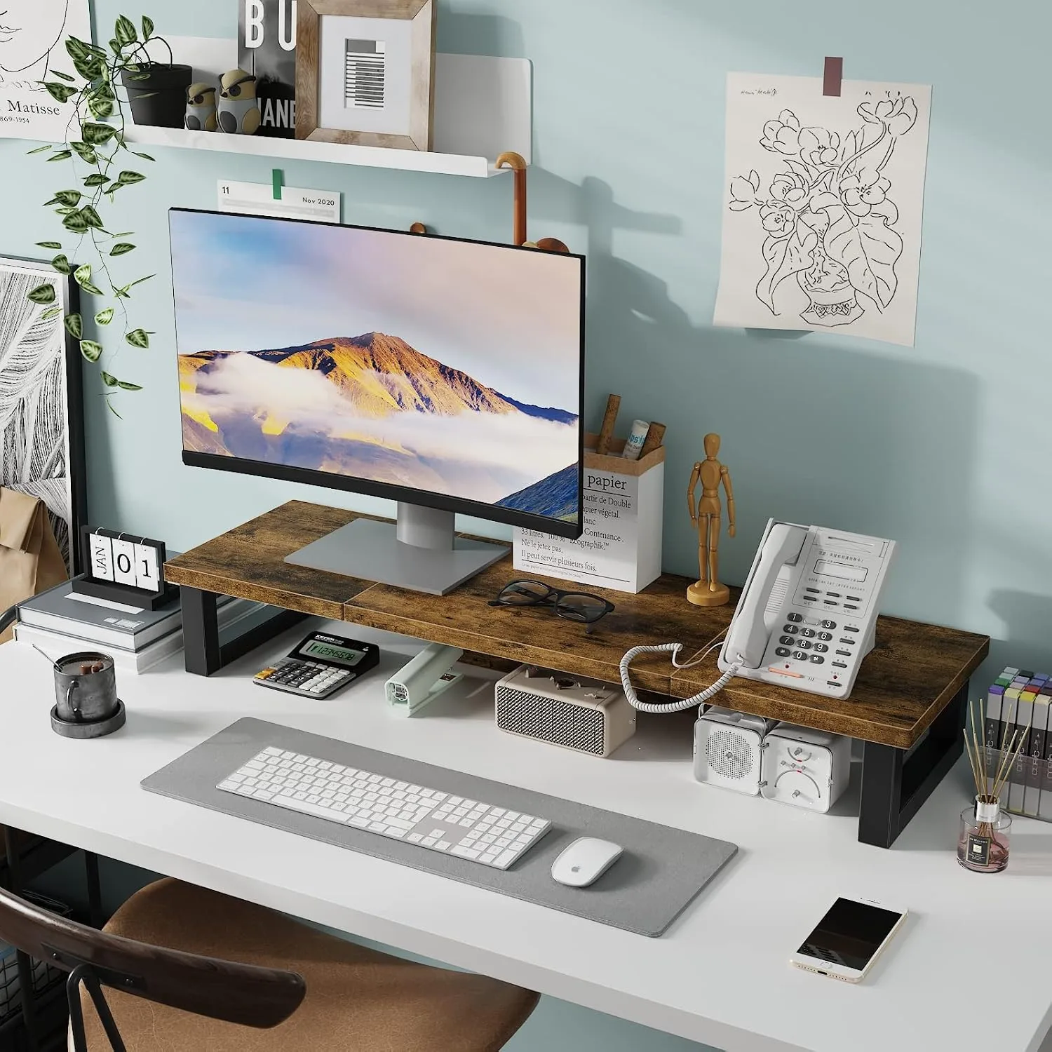WESTREE Dual Monitor Stand Riser, Wood and Steel Monitor Stand Riser, Computer Monitor Stand for 2 Monitors, Multi-Purpose Desktop Storage Stand for Computer,Laptop,Printer,TV