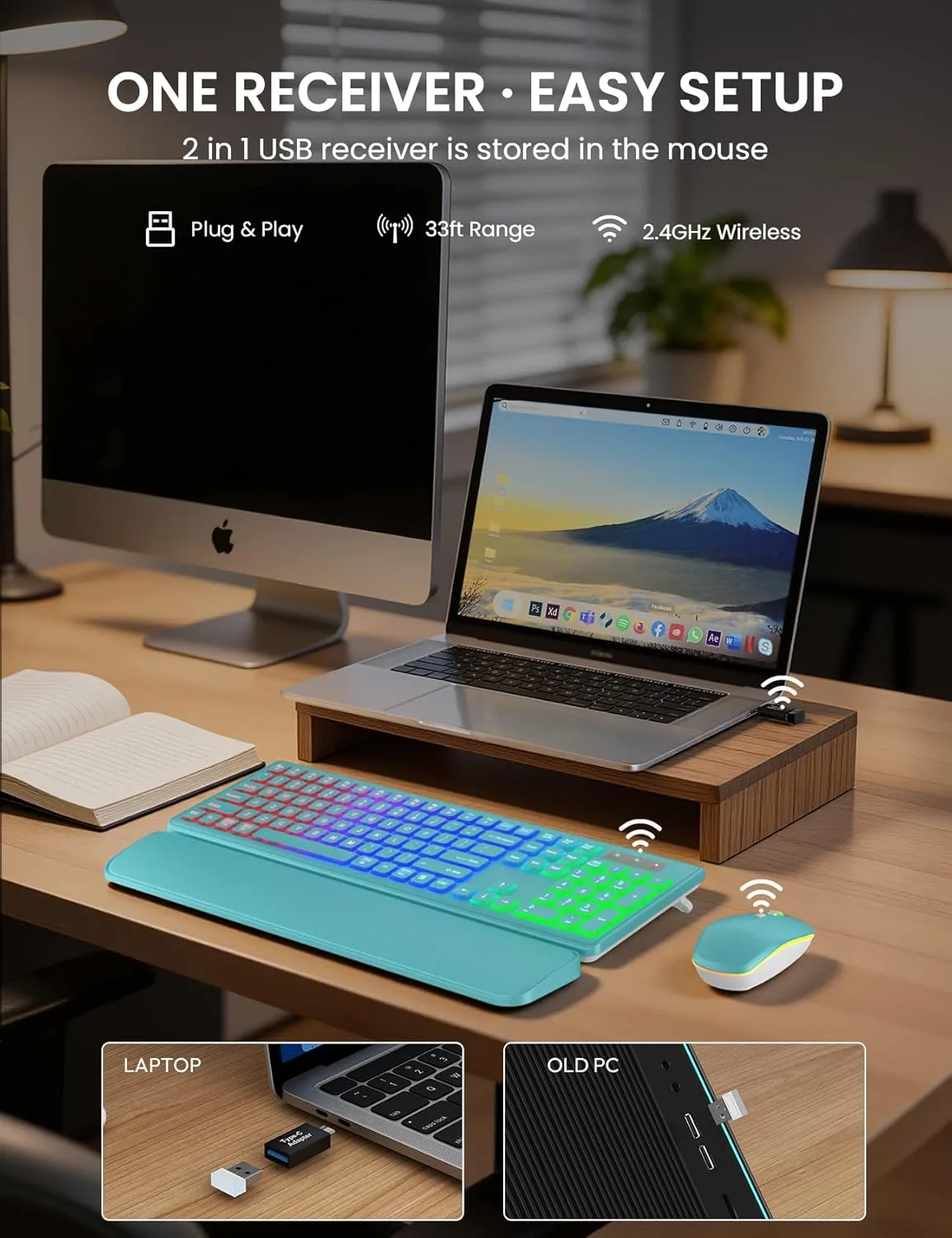 Wireless Keyboard and Mouse Combo, RGB Backlit, Wirst Rest, Rechargeable