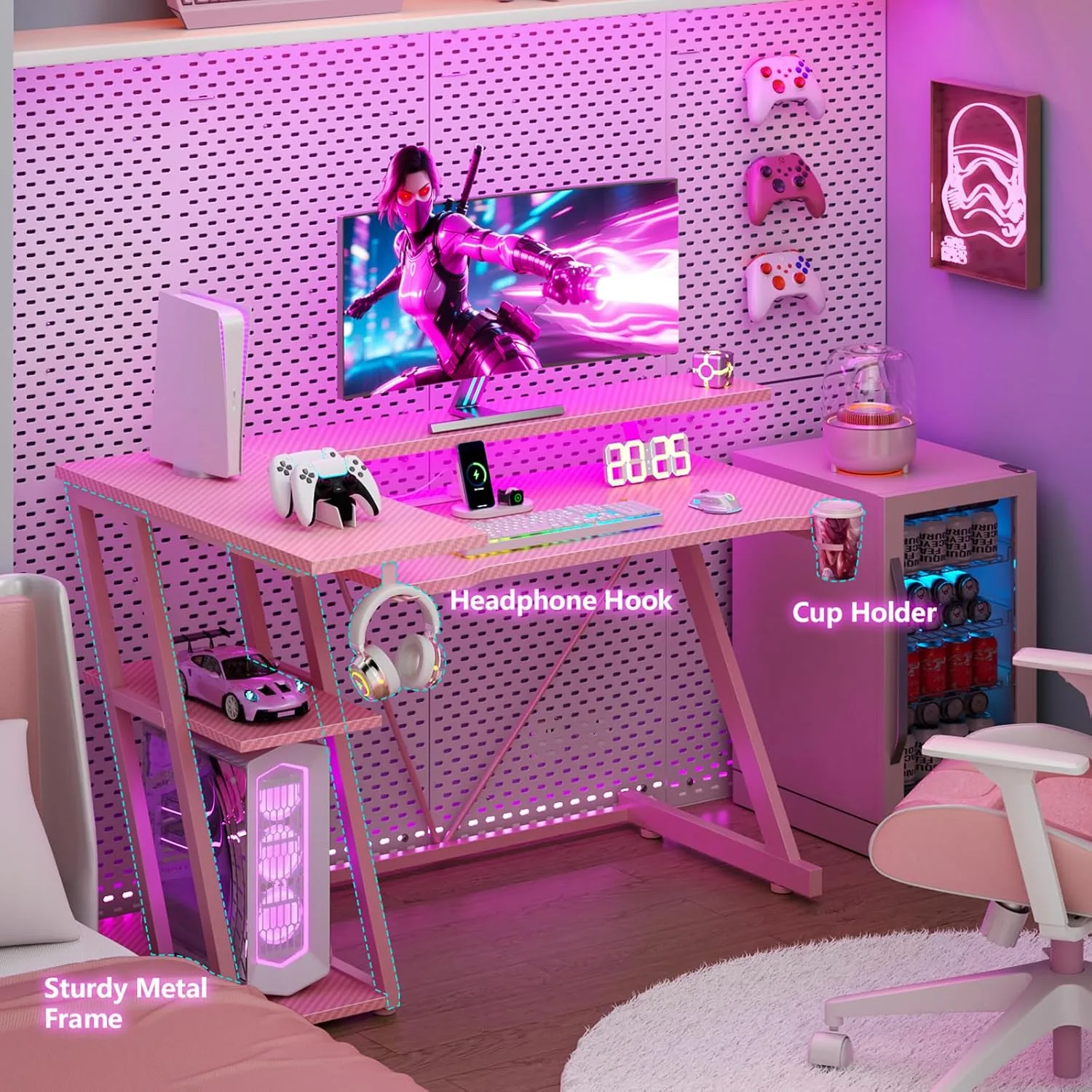 Korfile 40 Inch Gaming Desk with Power Outlet, LED, Carbon Fiber Pink