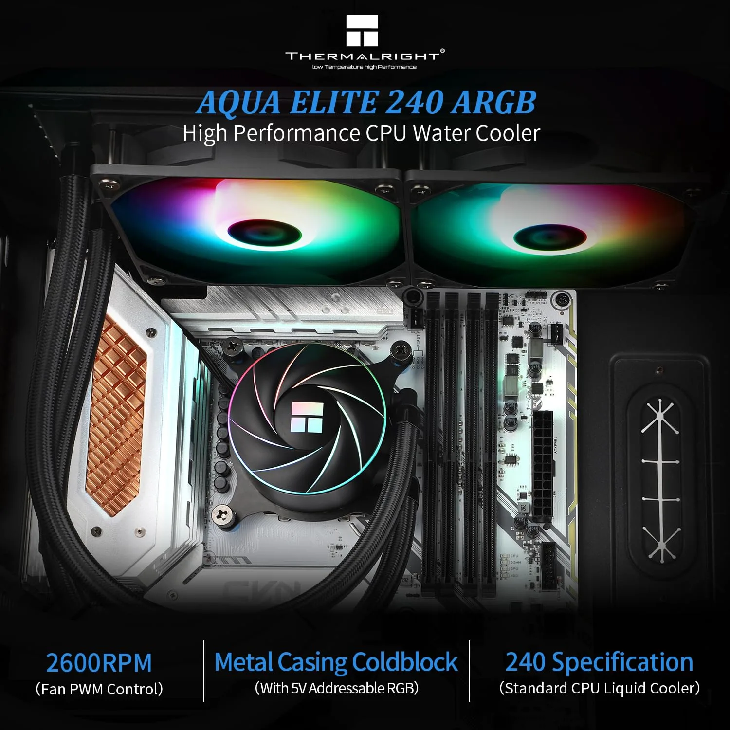 Thermalright Aqua Elite 240 ARGB CPU Water Cooler, with Double PWM Fans, 1550RPM Speed,for AMD/AM4/AM5& Intel LGA1150/1151/1155/1156/1200/ 1700/1851(AE240 ARGB)
