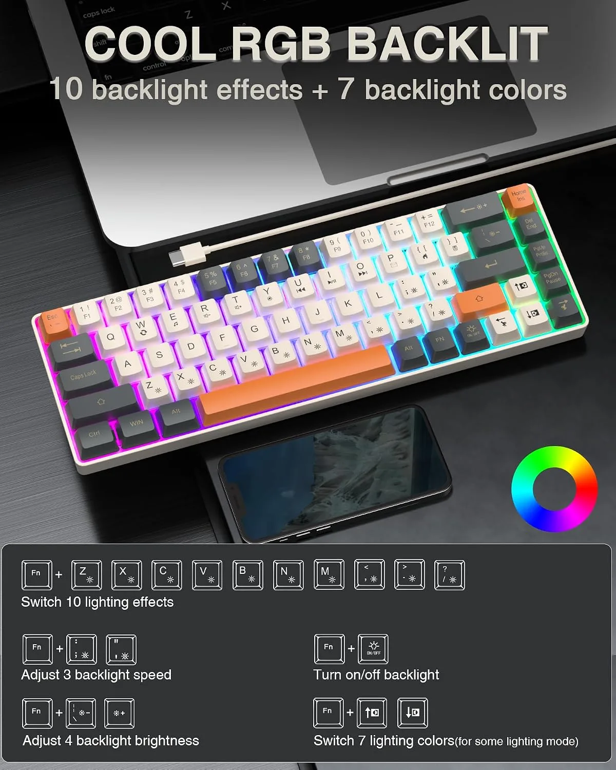 CORBOBO 60 Percent Keyboard RGB Backlit Gaming Keyboard USB-C Wired 68 Keys