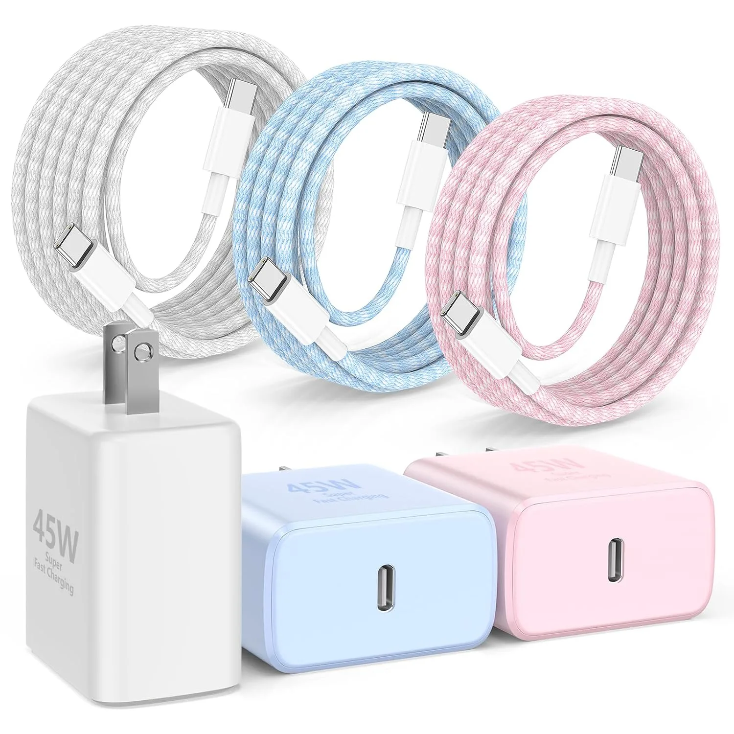 45W USB C Fast Wall Charging for iPhone Duo 18/17/16/Pro Max & for Samsung Galaxy S26 Ultra /S26+ /S26 /S25 /S24,3Pack Colorful Charger Adapter with Braided 60W USB-C to USB-C Cables (6/6/10 ft)