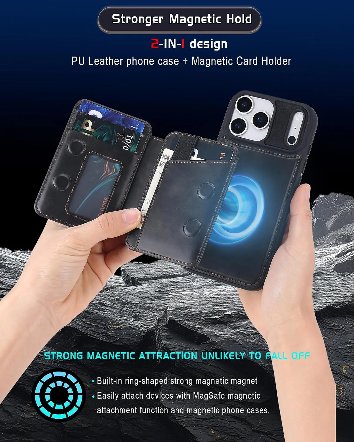 Magnetic Detachable Wallet Case for iPhone 18/17 Pro Max with Kickstand,2-in-1 MagSafe Compatible RFID Blocking Card Holder,Slim PU Leather Cover Vintage Black