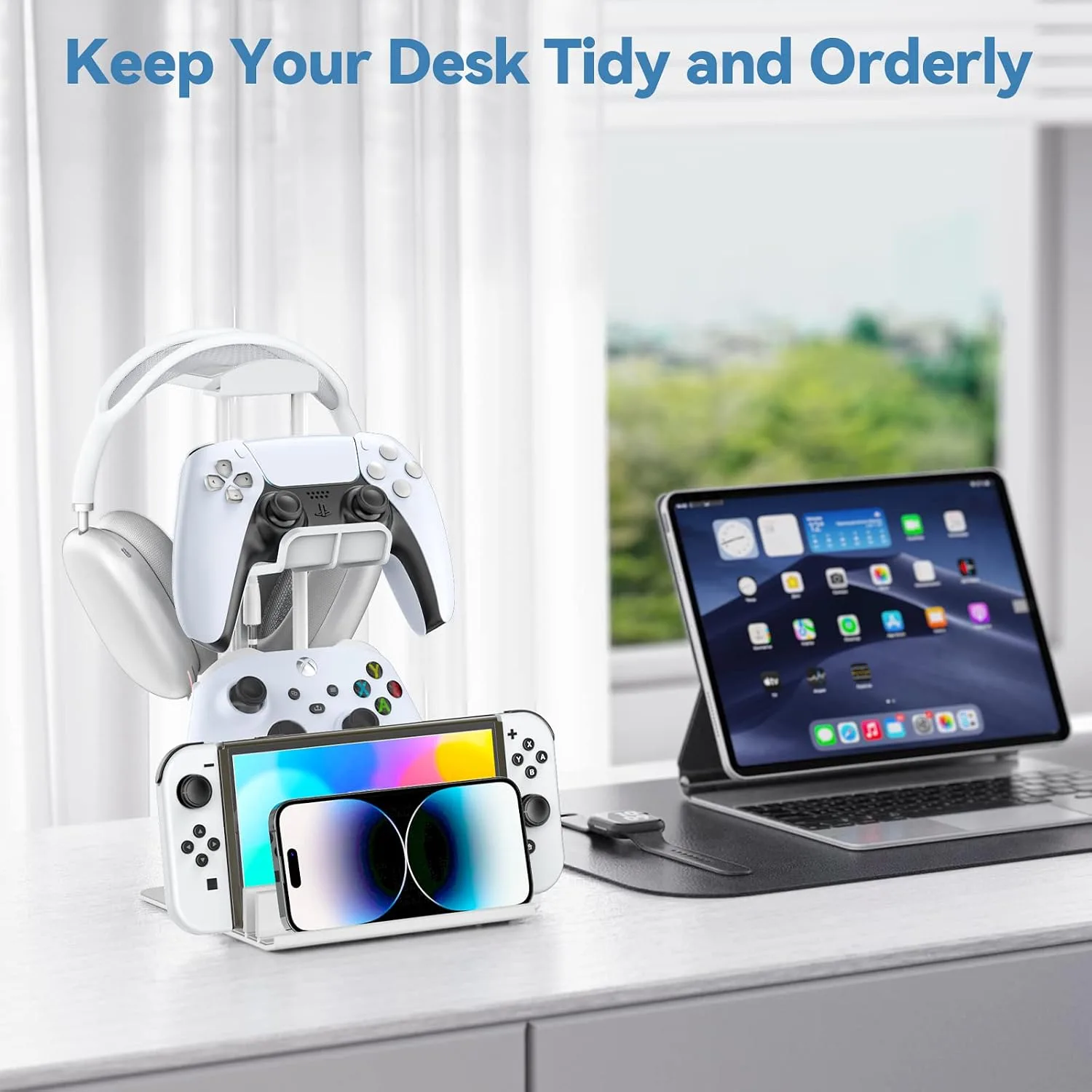 KDD Headphone Stand, Controller Holder & Headset Holder for Desk, Earphone Stand with Aluminum Supporting Bar, Universal Storage Organizer Headphones/Controller/Switch/Mobile Phone(White)