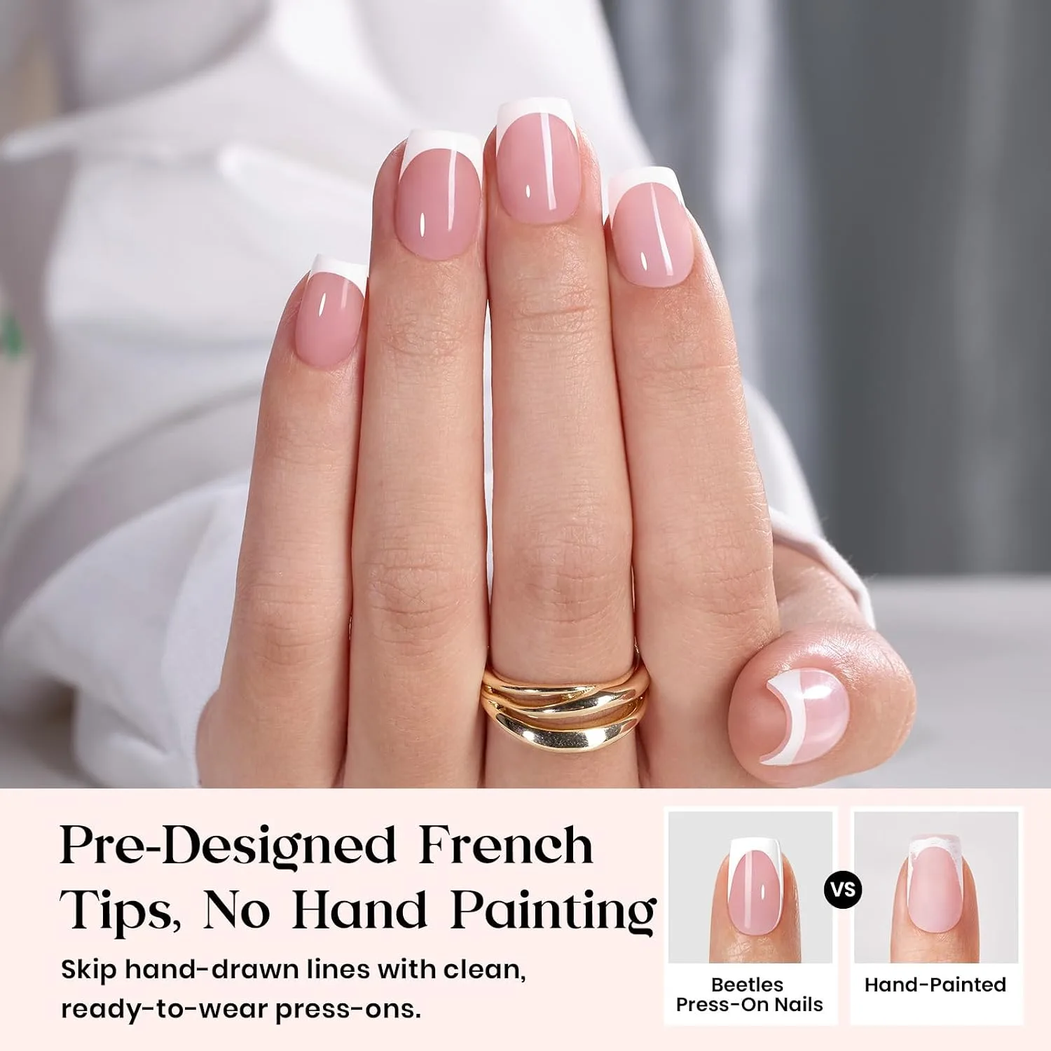 Beetles French Tip Press On Nails, Short Square, 90 Pcs, 15 Sizes