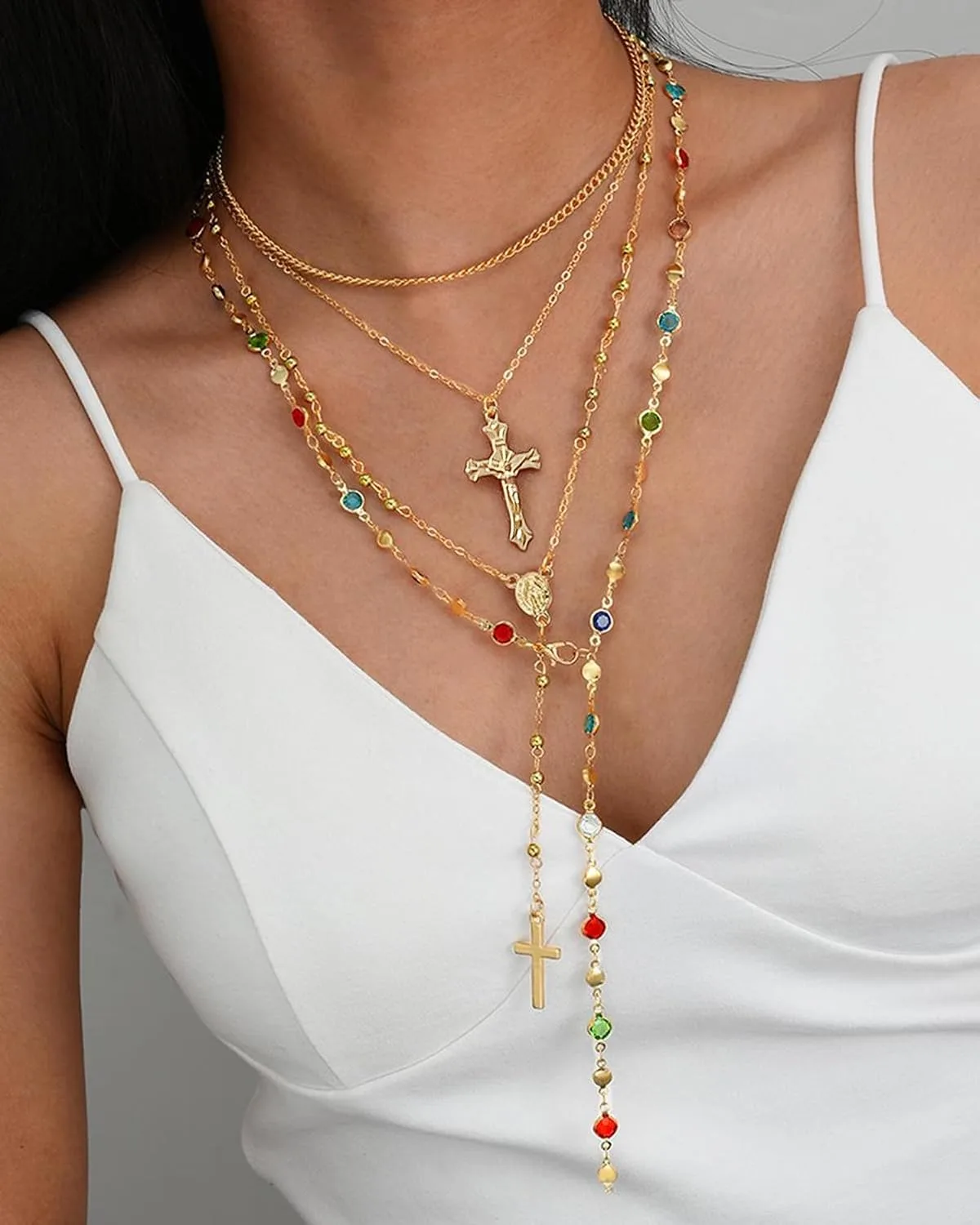 Colorful Y Shaped Necklace for Women Trendy Long Multi Color Crystal Lariat Necklace Sparkly Gemstone Chest Chain Summer Deep V-Neck Dress Outfits Jewelry Accessories