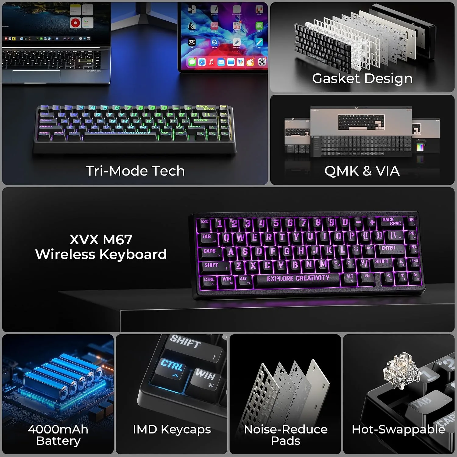 x XVX M67 Wireless 60% Percent Keyboard, QMK/VIA Topographic Gaming Keyboard, Tri-Mode Thocky Creamy Mechanical Key board, Hot Swappable Gasket Mount RGB IMD Tech for Win/Mac, Miami Theme, Black