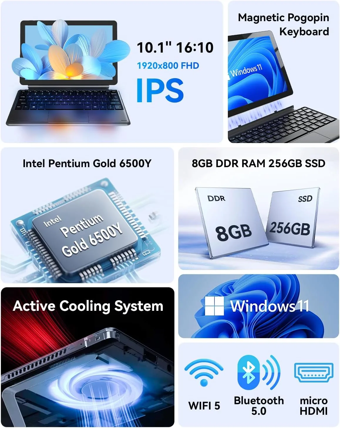 NewBook 10 10.1 inch 2-in-1 Laptop Tablet PC, Win 11 Compatible with Intel Pentium Gold 6500Y, 8GB RAM 256GB SSD, 1920x800 FHD Touchscreen, Micro HDMI/USB-C 3.2 with Magnetic Keyboard & Stand