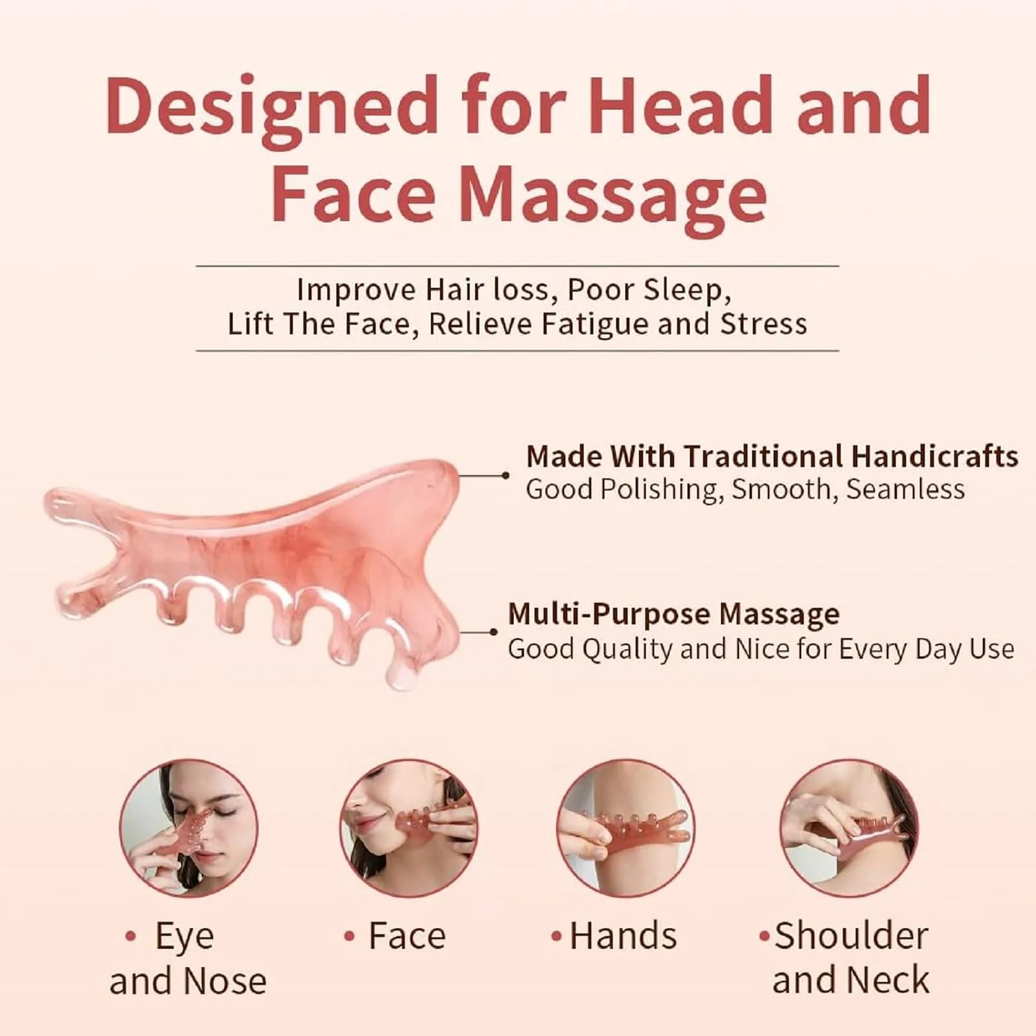 TAIHI Gua Sha Massage Comb, 4-in-1 Scalp Massager Facial Tool for Neck, Body, Lymphatic Drainage, Tension Relief, Gifts for Women and Men (Pink)