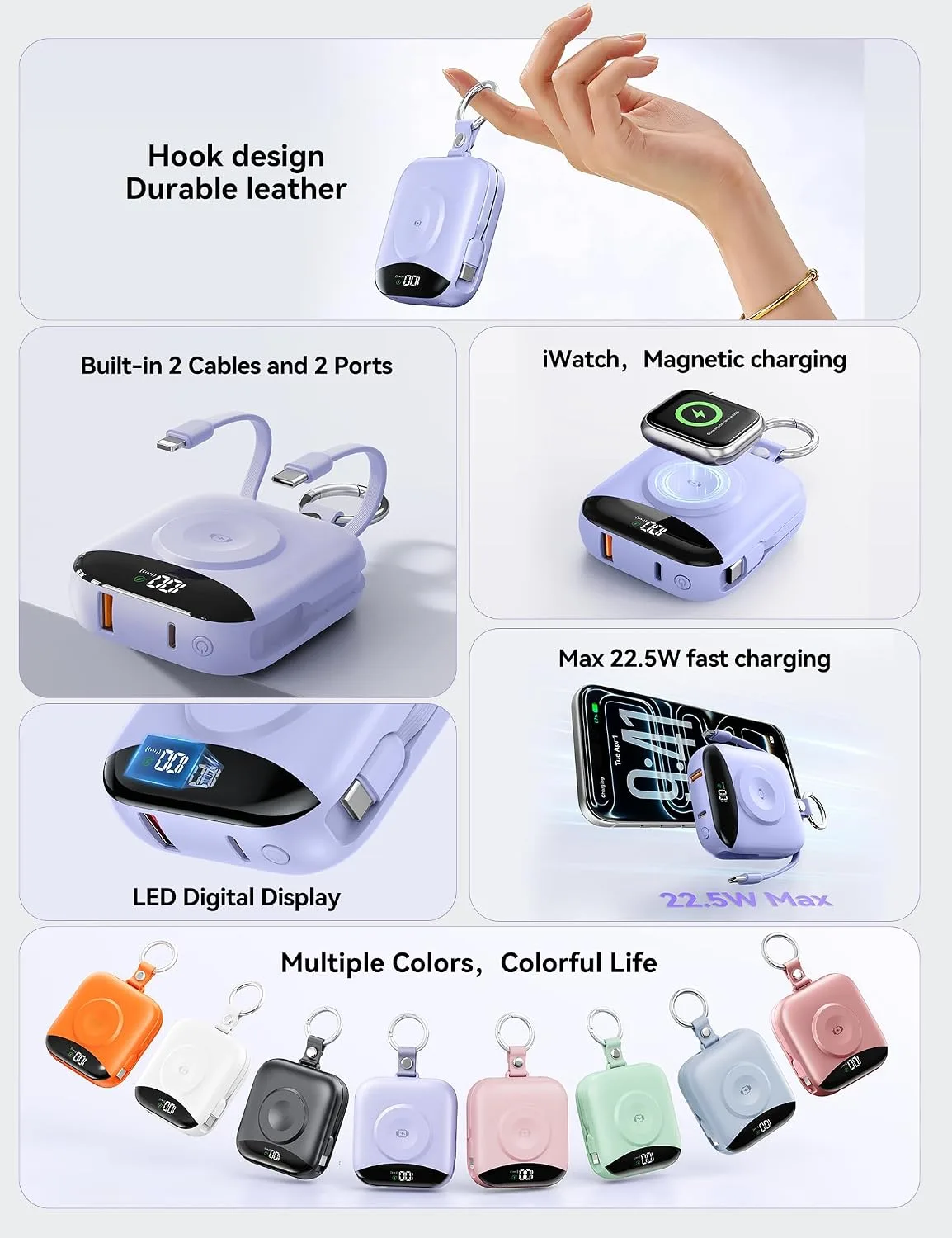 Portable Charger 10000mAh 22.5W Power Bank Built-in 2 Cables Keychain