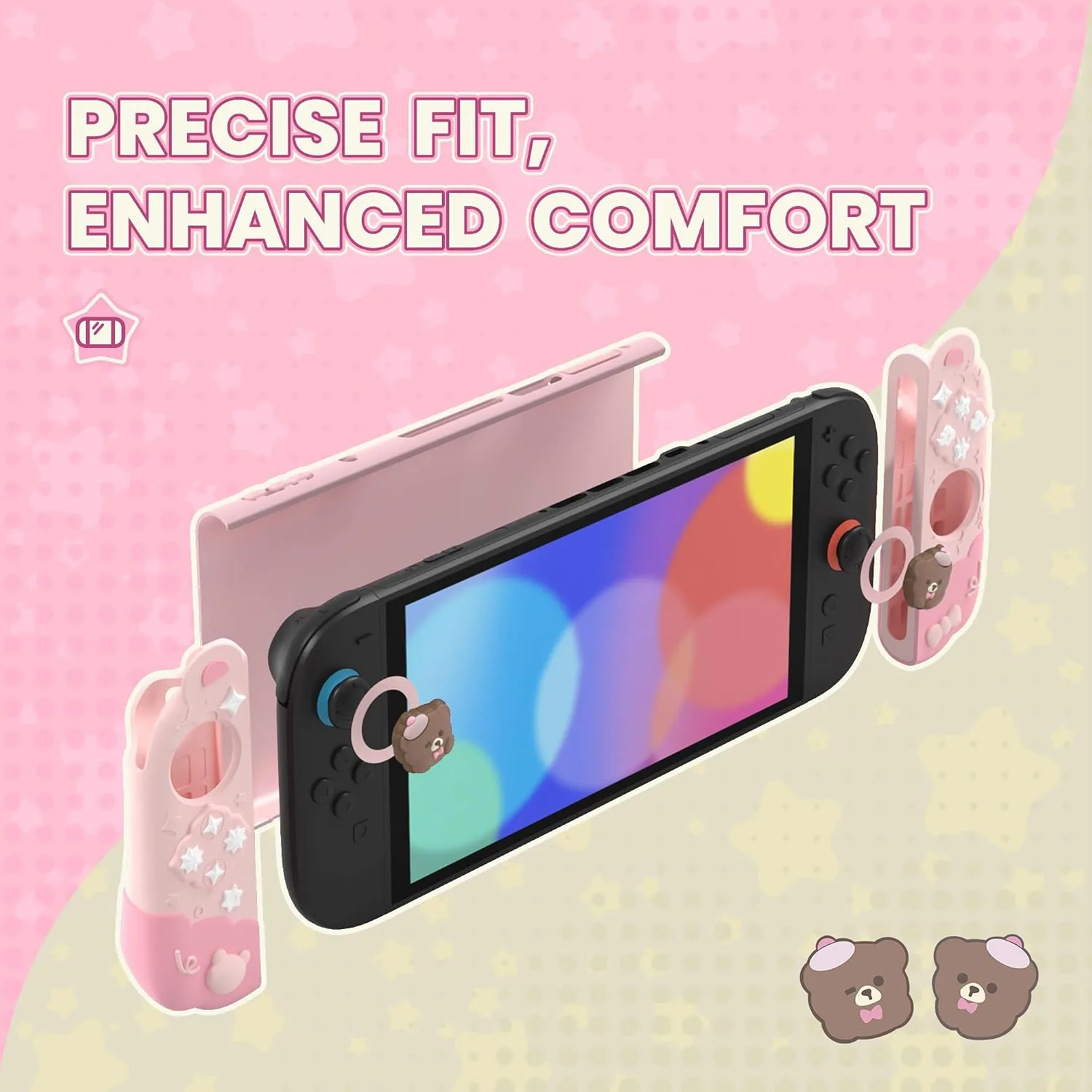 PlayVital Good Night Bear Dockable Case for Nintendo Switch 2 with Stand | Split Design Silicone Joycon Grips, PC Console Hard Shell, 2 Joystick Caps | Cute Protective Cover Bundle – Pink