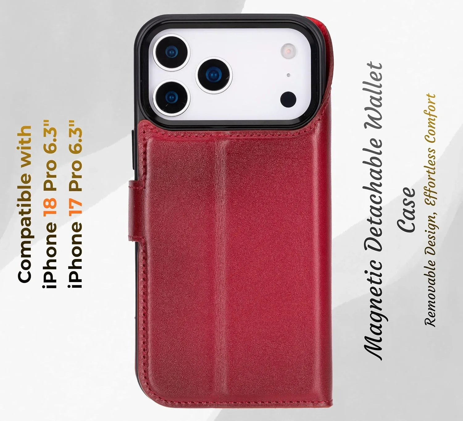 VENOULT Wallet Case for iPhone, Full Grain Genuine Turkish Leather, Magnetic Detachable, RFID 4 Card Slots, Business Style, Compatible with MagSafe (Cranberry, iPhone 17 Pro)
