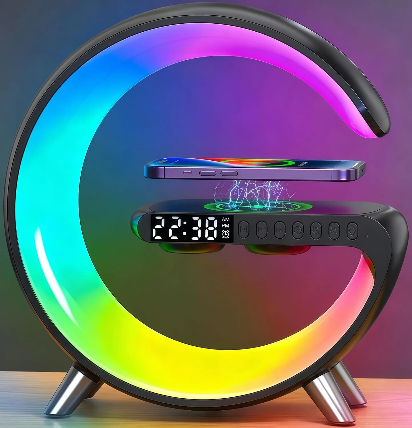 Smart LED Table Lamp, 4 in 1 RGB Night Light, Alarm Clock, Wireless Charger, Bluetooth Speaker with App Control, G-Shape Bedside Atmosphere Lamp for Bedroom Office Home Decor, Teen Girls Boys Gifts